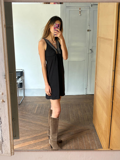 Elegant black mini dress with sequin decorated neckline, Size XS