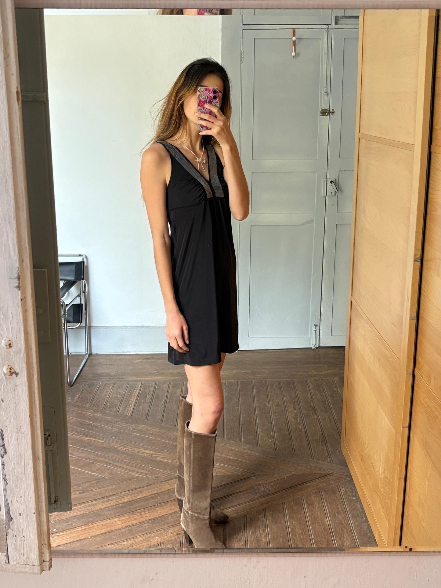 Elegant black mini dress with sequin decorated neckline, Size XS