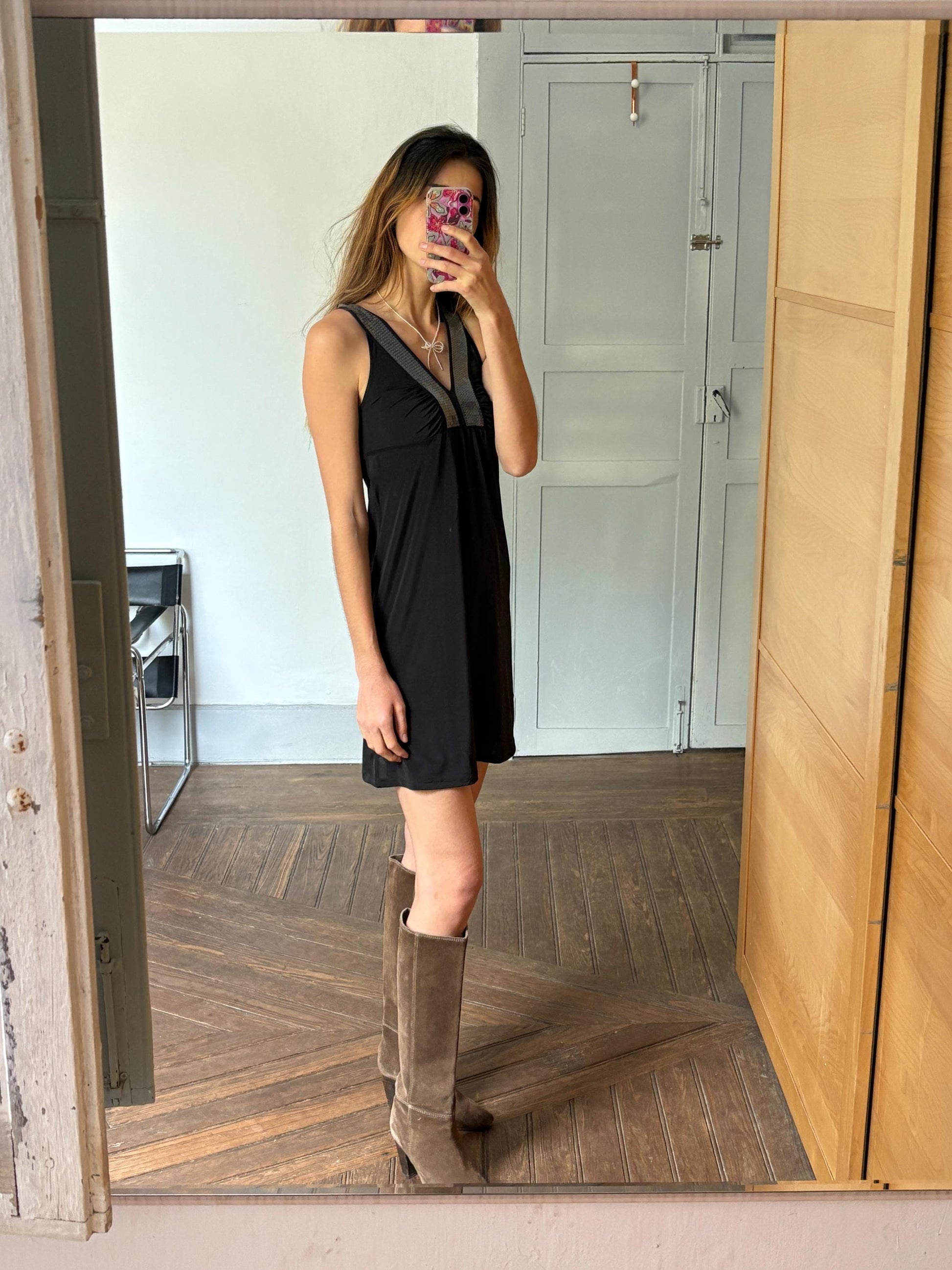 Elegant black mini dress with sequin decorated neckline, Size XS