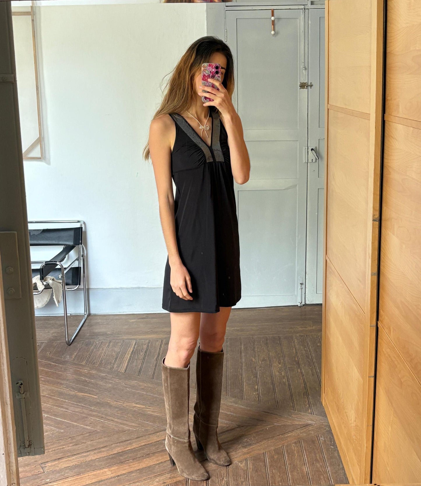 Elegant black mini dress with sequin decorated neckline, Size XS