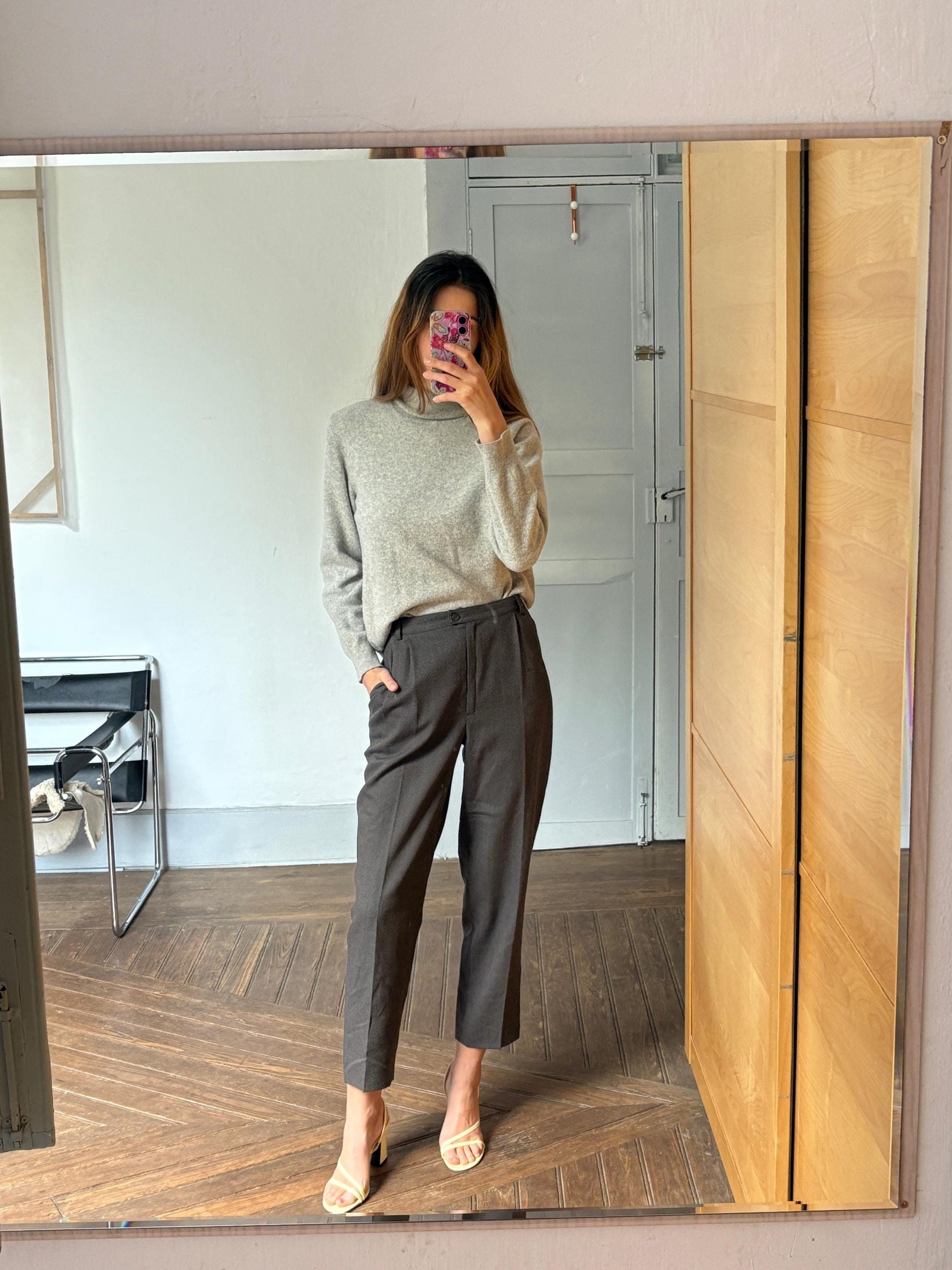 100 % wool light grey turtleneck long sleeve shirt.