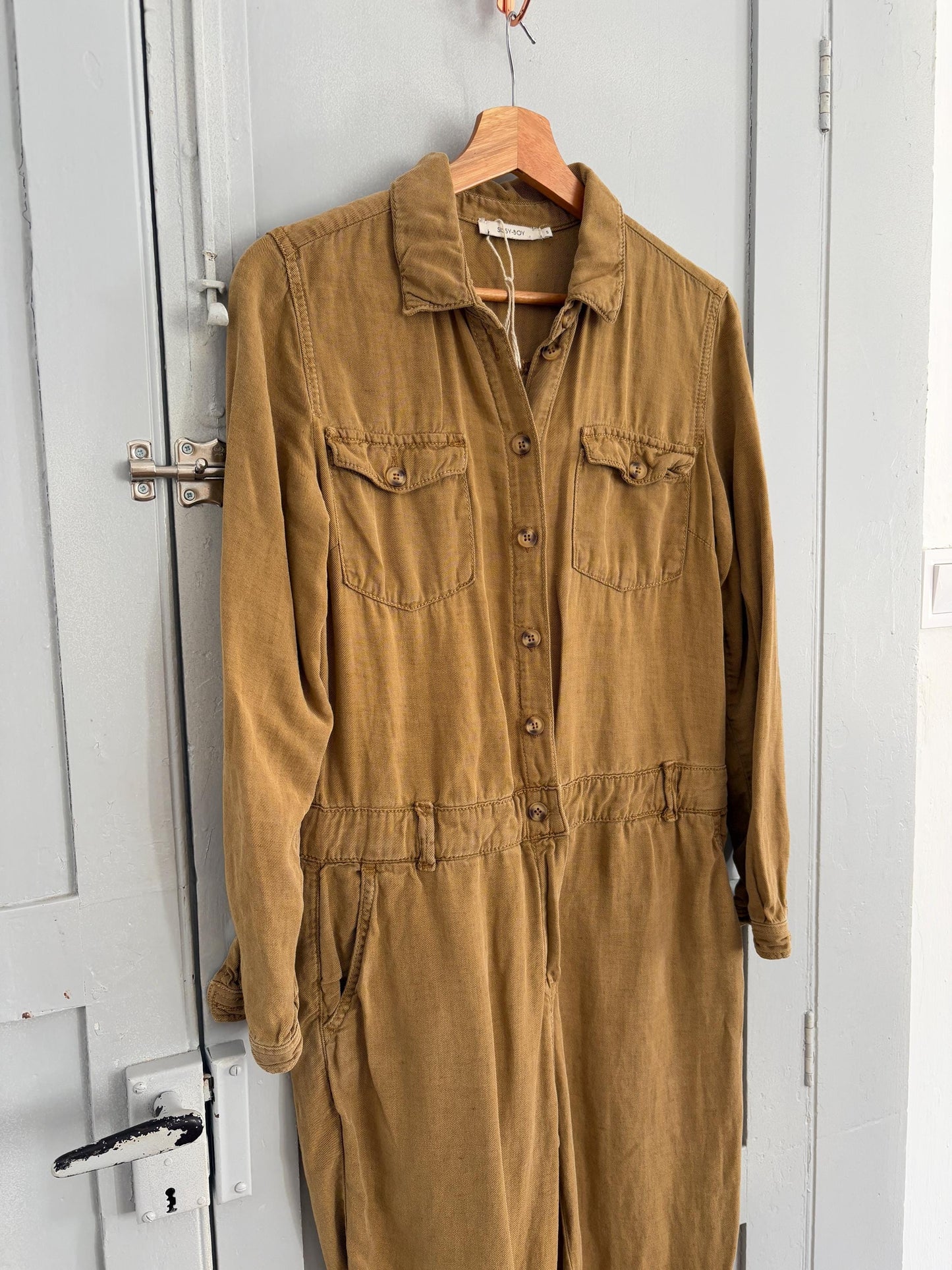 Vintage light brown jumpsuit, Retro linen and cotton long sleeve long pants playsuit, Tan workwear, Casual basic outfit, S
