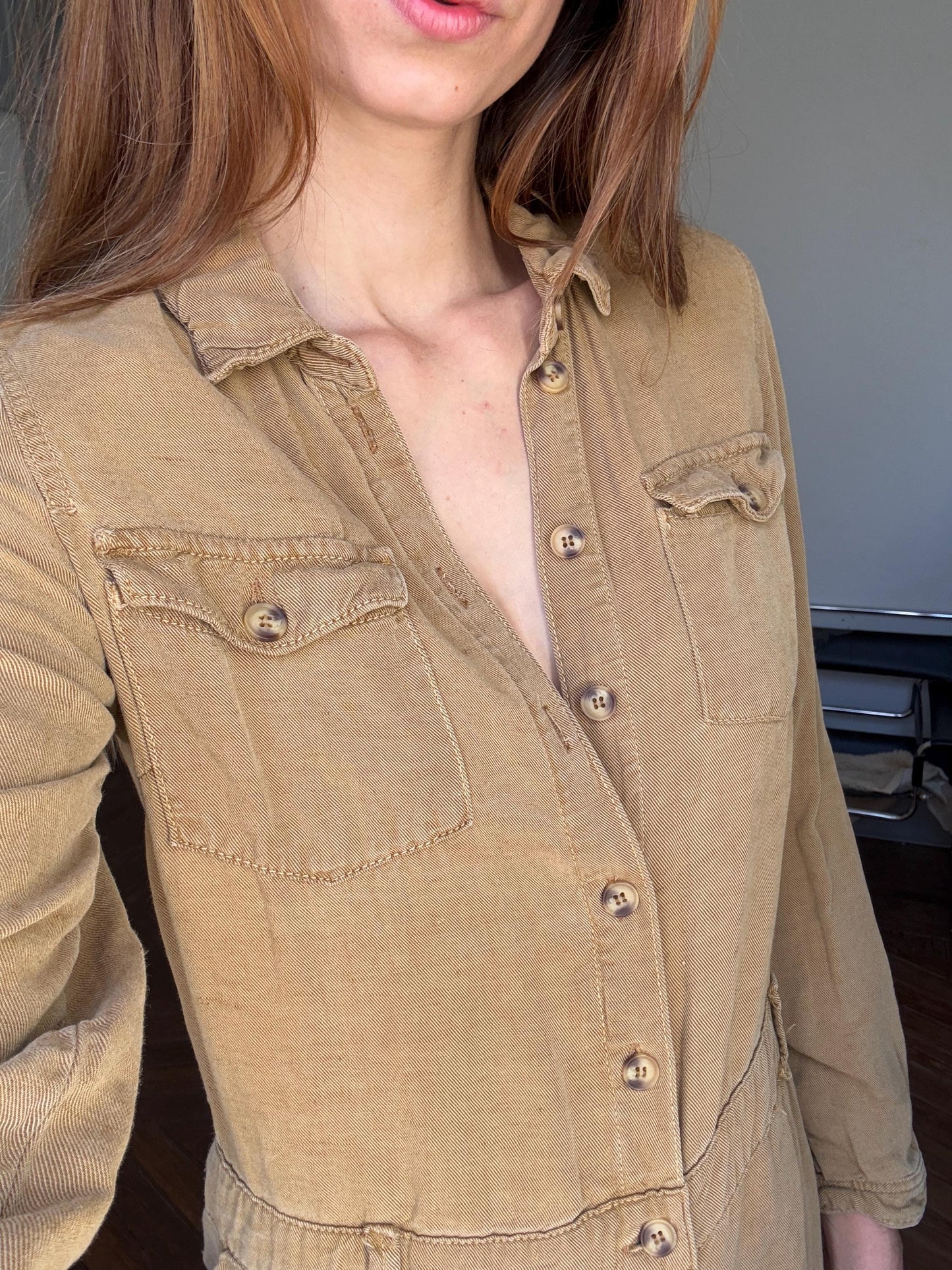 Vintage light brown jumpsuit, Retro linen and cotton long sleeve long pants playsuit, Tan workwear, Casual basic outfit, S