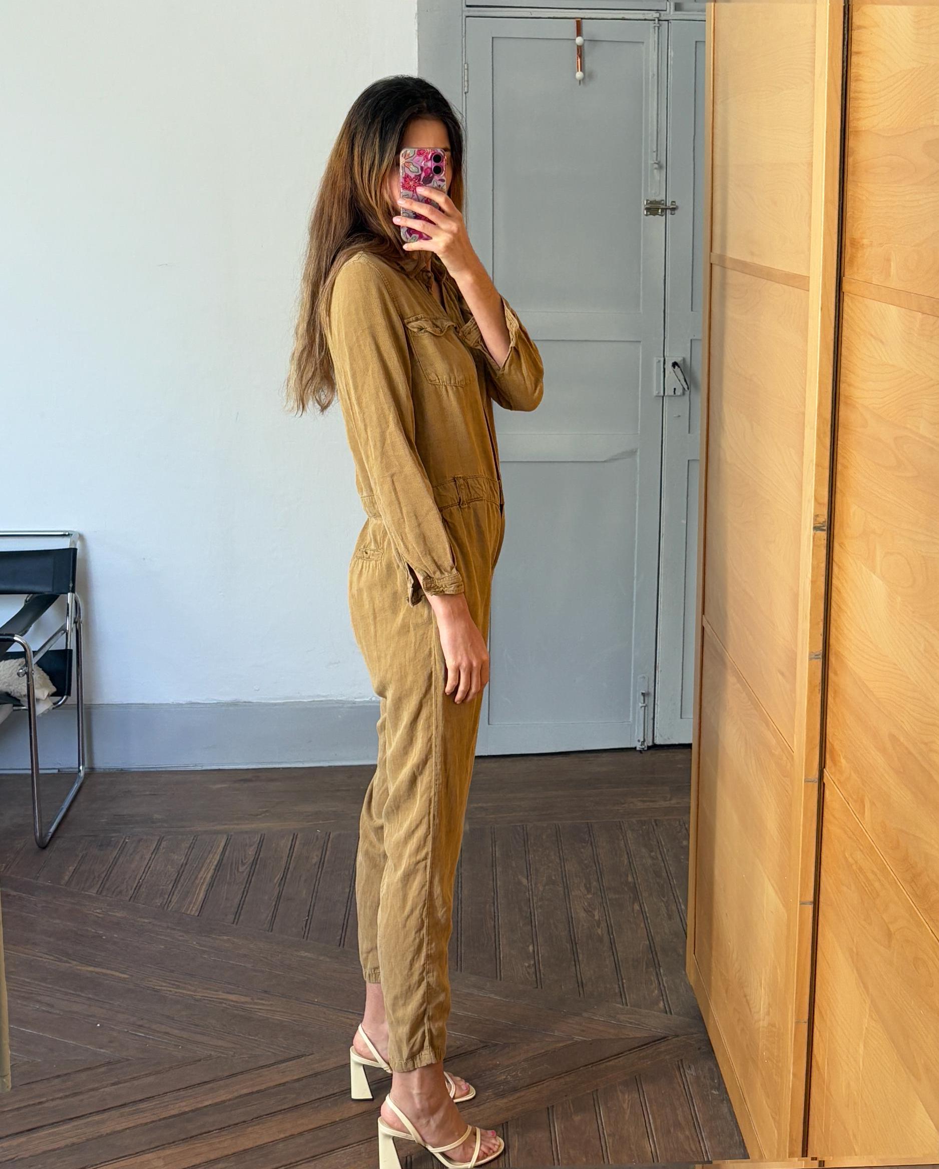 Vintage light brown jumpsuit, Retro linen and cotton long sleeve long pants playsuit, Tan workwear, Casual basic outfit, S