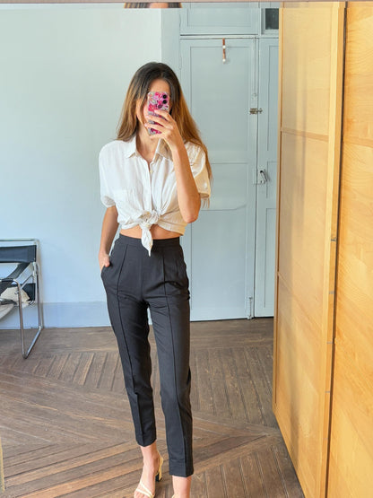 Vintage White Boxy Fit Button-Up Shirt — fabric close-up