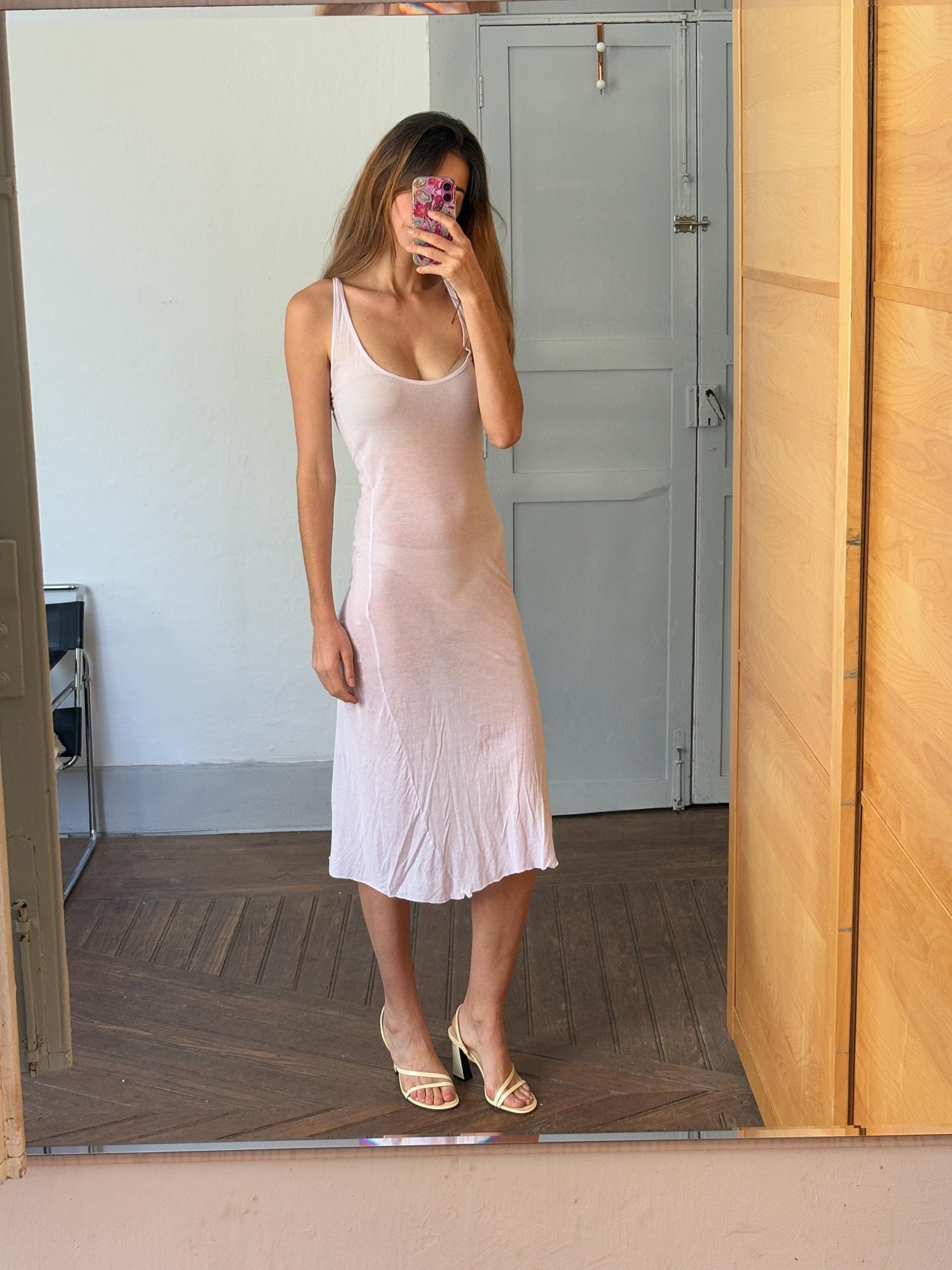 Vintage Light pink sheer maxi dress, sexy see through open neckline night gown,