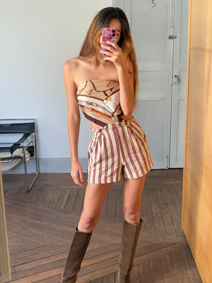 Berenice Striped Cotton High-Waist Shorts — back view