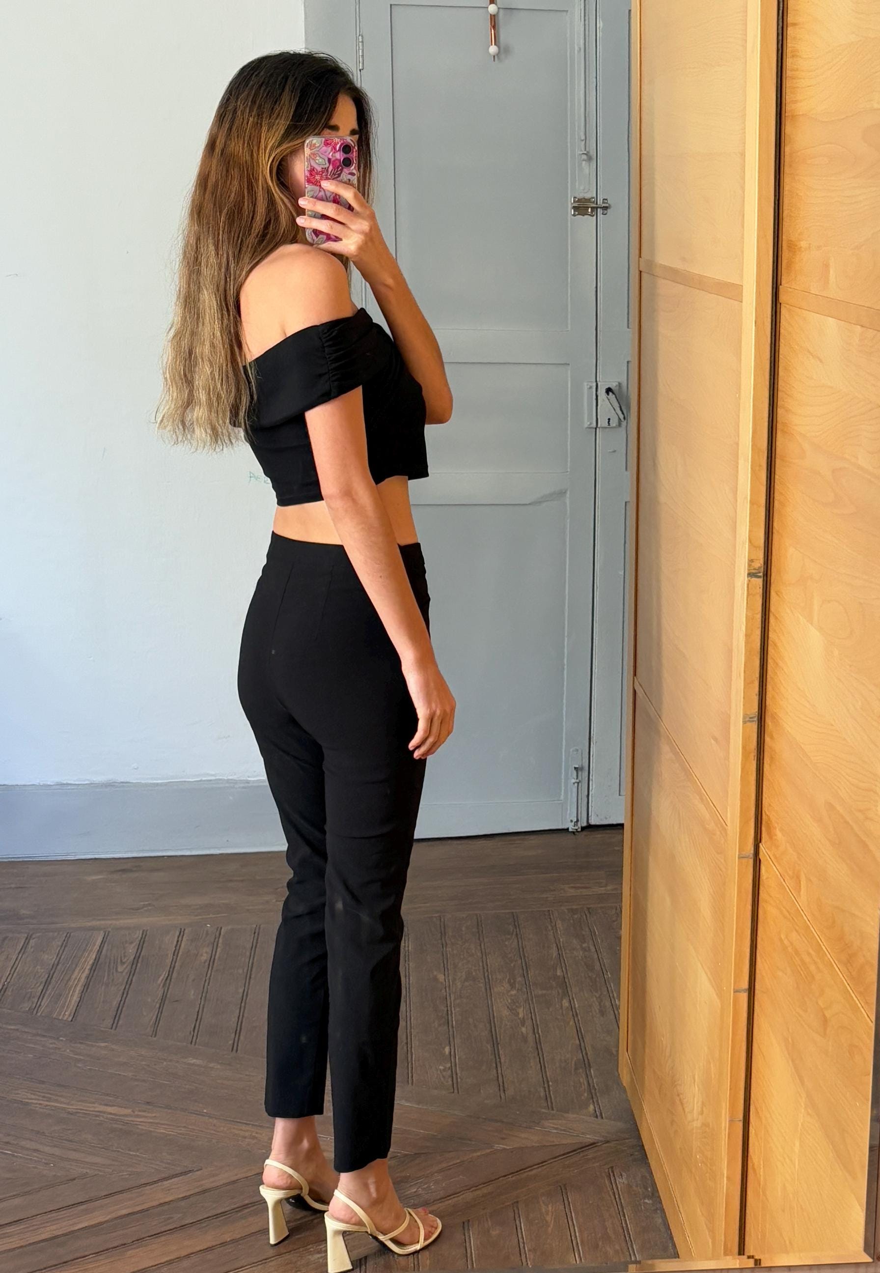 Vintage black mid waist trousers, Basic girl simple retro stretchy pants