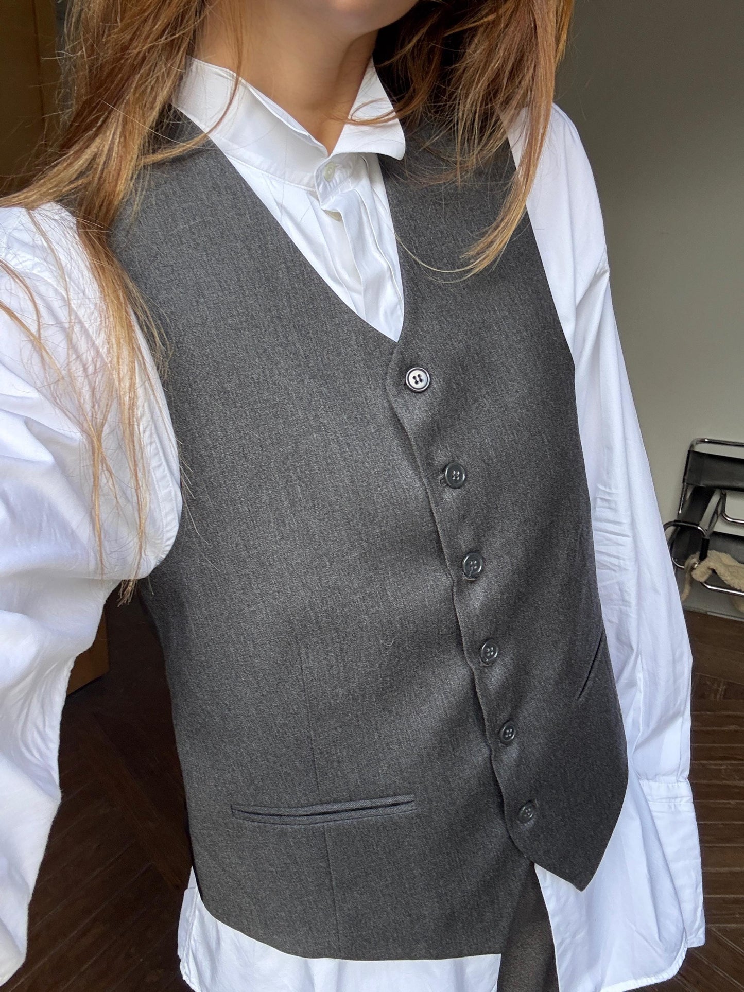 Vintage grey button down gilet, Dark academia style grey classic fit waistcoat, Formal clothing, Cute school girl uniform, K-pop aesthetic
