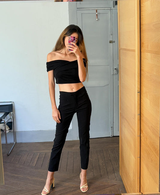 Vintage black mid waist trousers, Basic girl simple retro stretchy pants