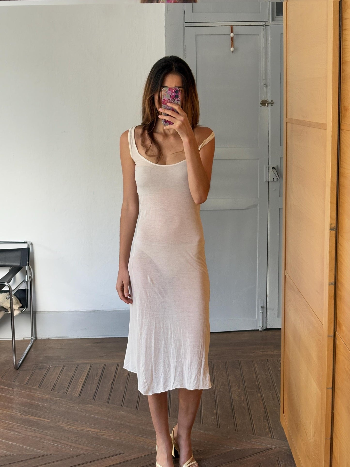 Vintage off white sheer maxi dress, Super sexy see through open neckline night gown, Soft Elastic Minimalist nightie, Basic long pyjamas