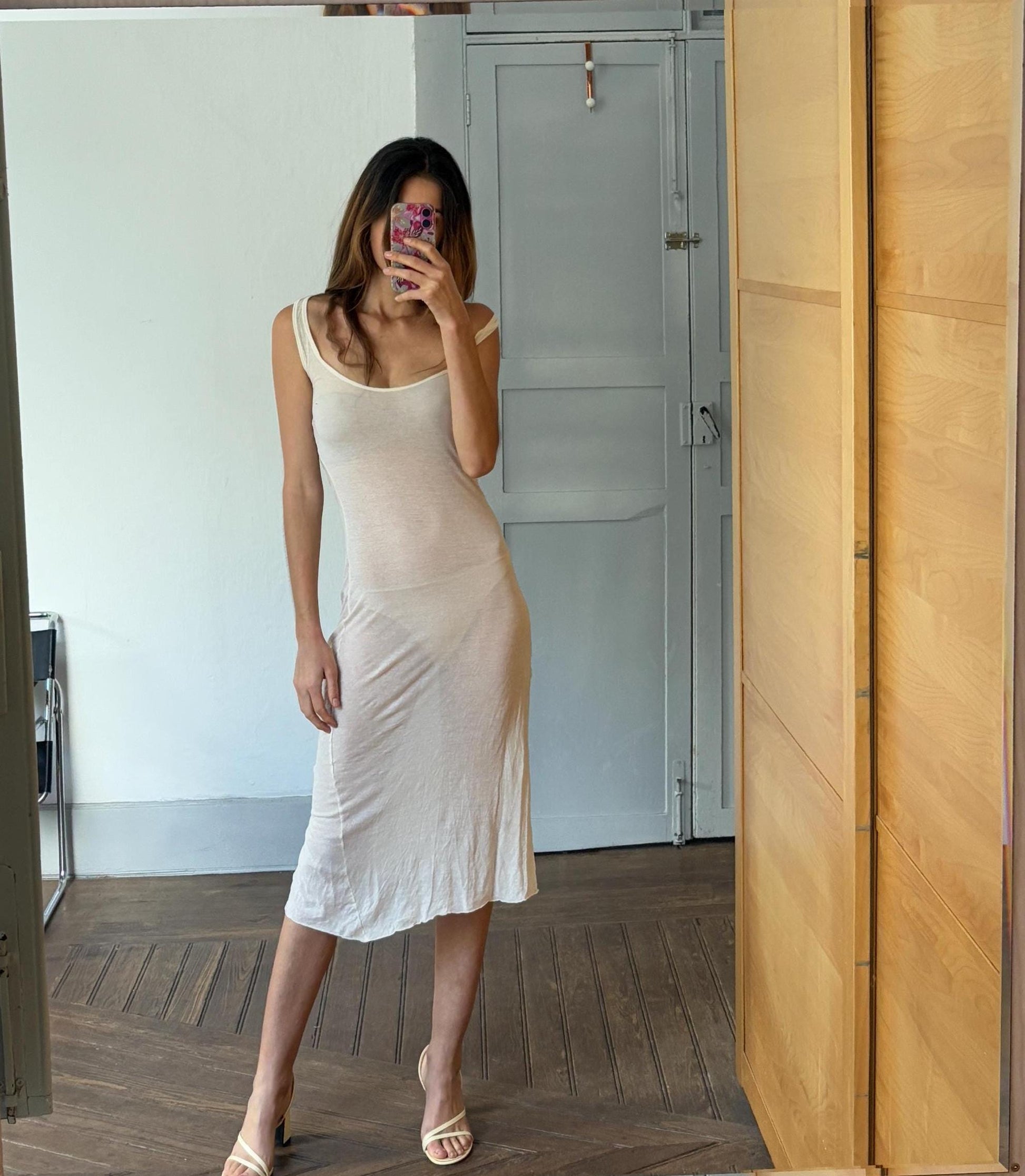 Vintage off white sheer maxi dress, Super sexy see through open neckline night gown, Soft Elastic Minimalist nightie, Basic long pyjamas