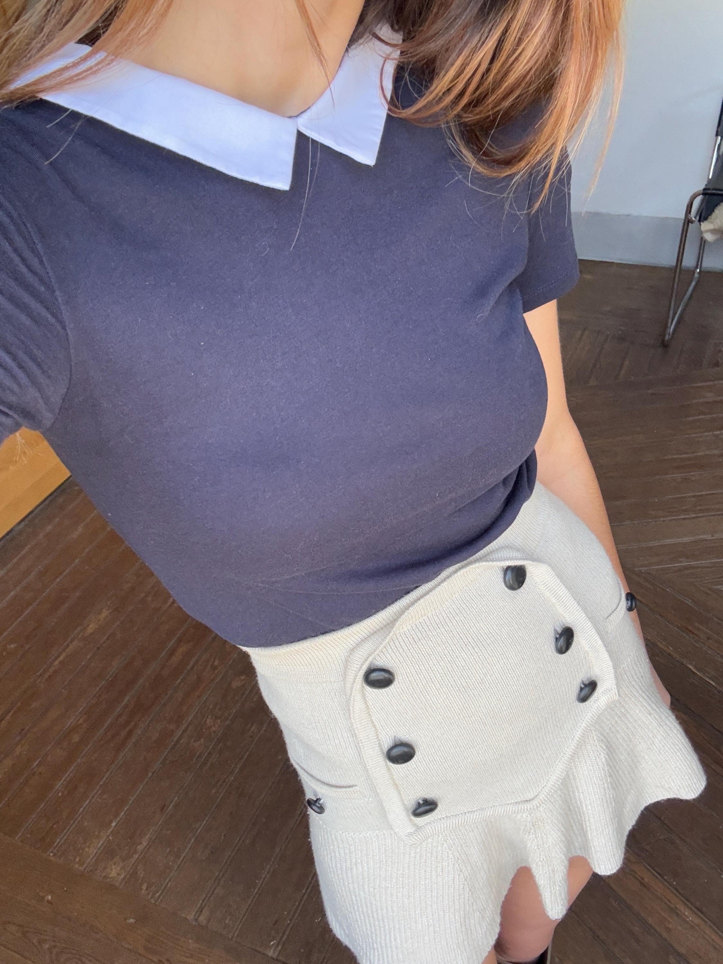 Vintage Dark Academia aesthetic shirt with white collar, Cute dark blue short sleeve t-shirt, XXS - XS