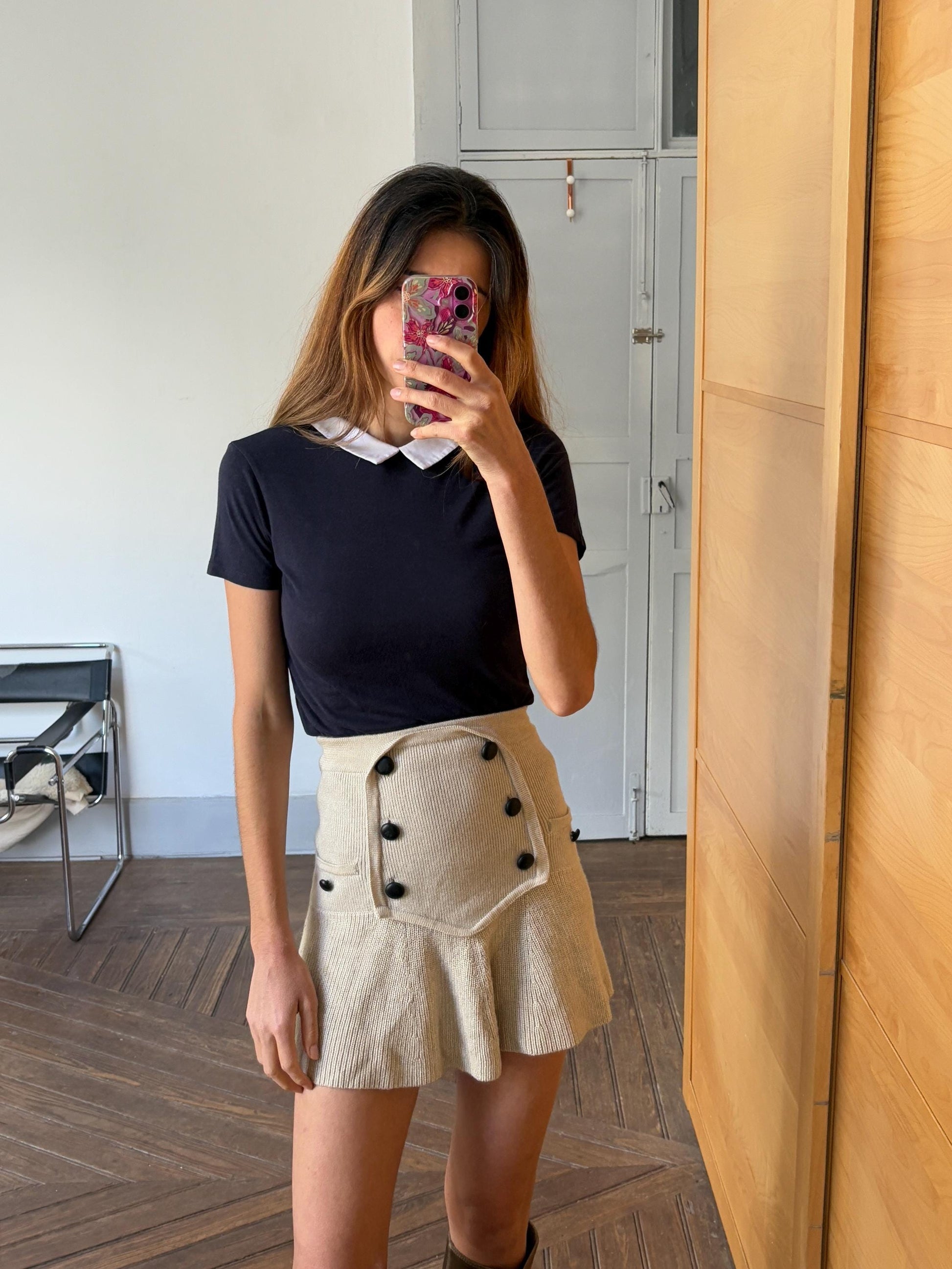 Vintage Dark Academia aesthetic shirt with white collar, Cute dark blue short sleeve t-shirt, XXS - XS