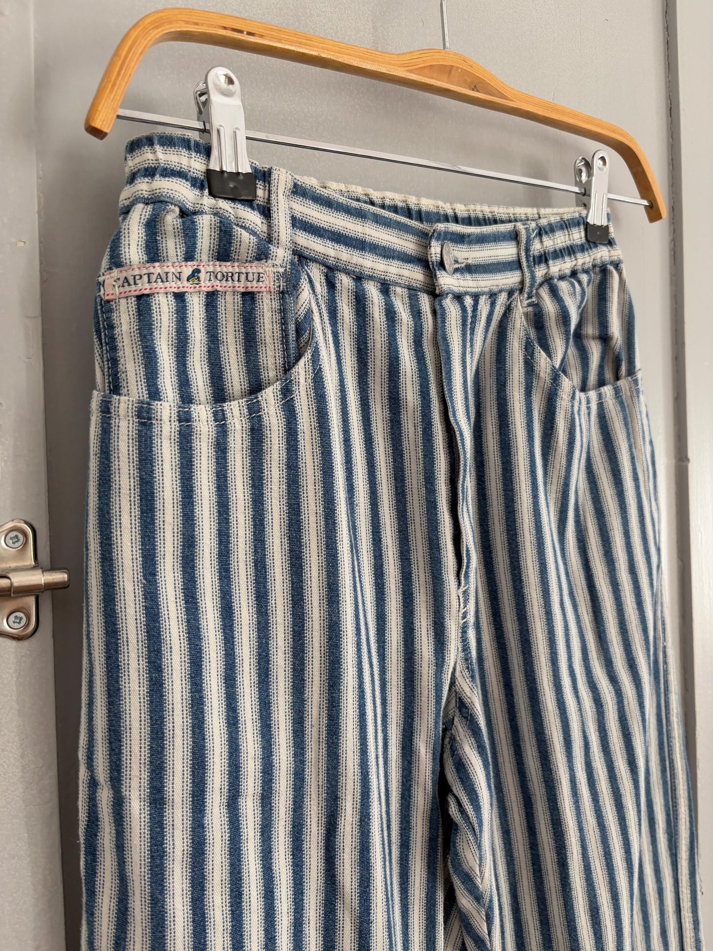 Vintage blue and white Captain Tortue pants, Dead stock fun trousers, High waist cropped chino pants, XS