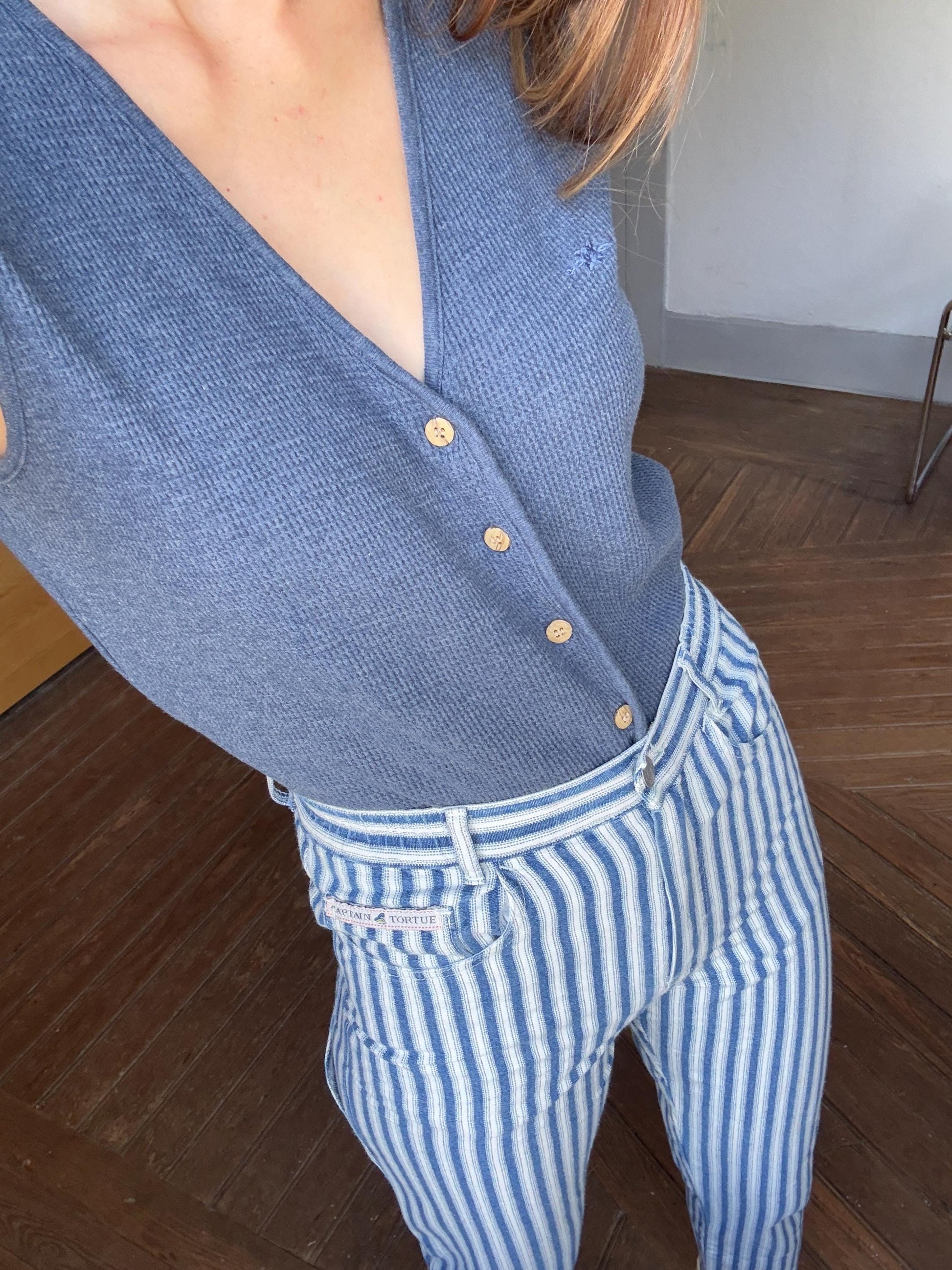 Vintage blue and white Captain Tortue pants, Dead stock fun trousers, High waist cropped chino pants, XS