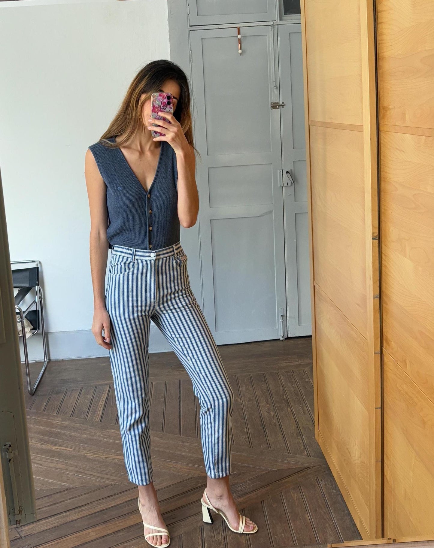 Vintage blue and white Captain Tortue pants, Dead stock fun trousers, High waist cropped chino pants, XS