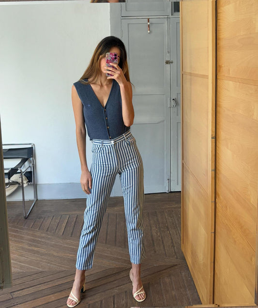 Vintage blue and white Captain Tortue pants, Dead stock fun trousers, High waist cropped chino pants, XS