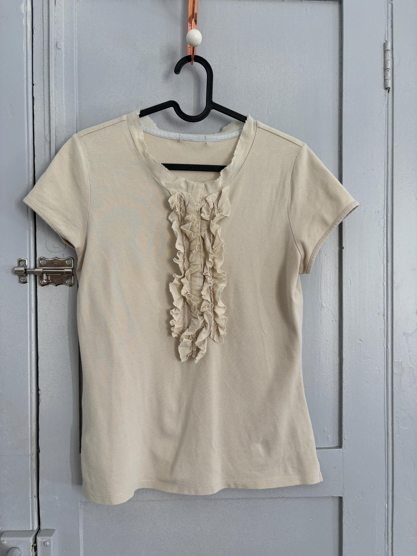 Vintage cotton ruffle top, Luxury formal t-shirt, Eggshell off white elegant top