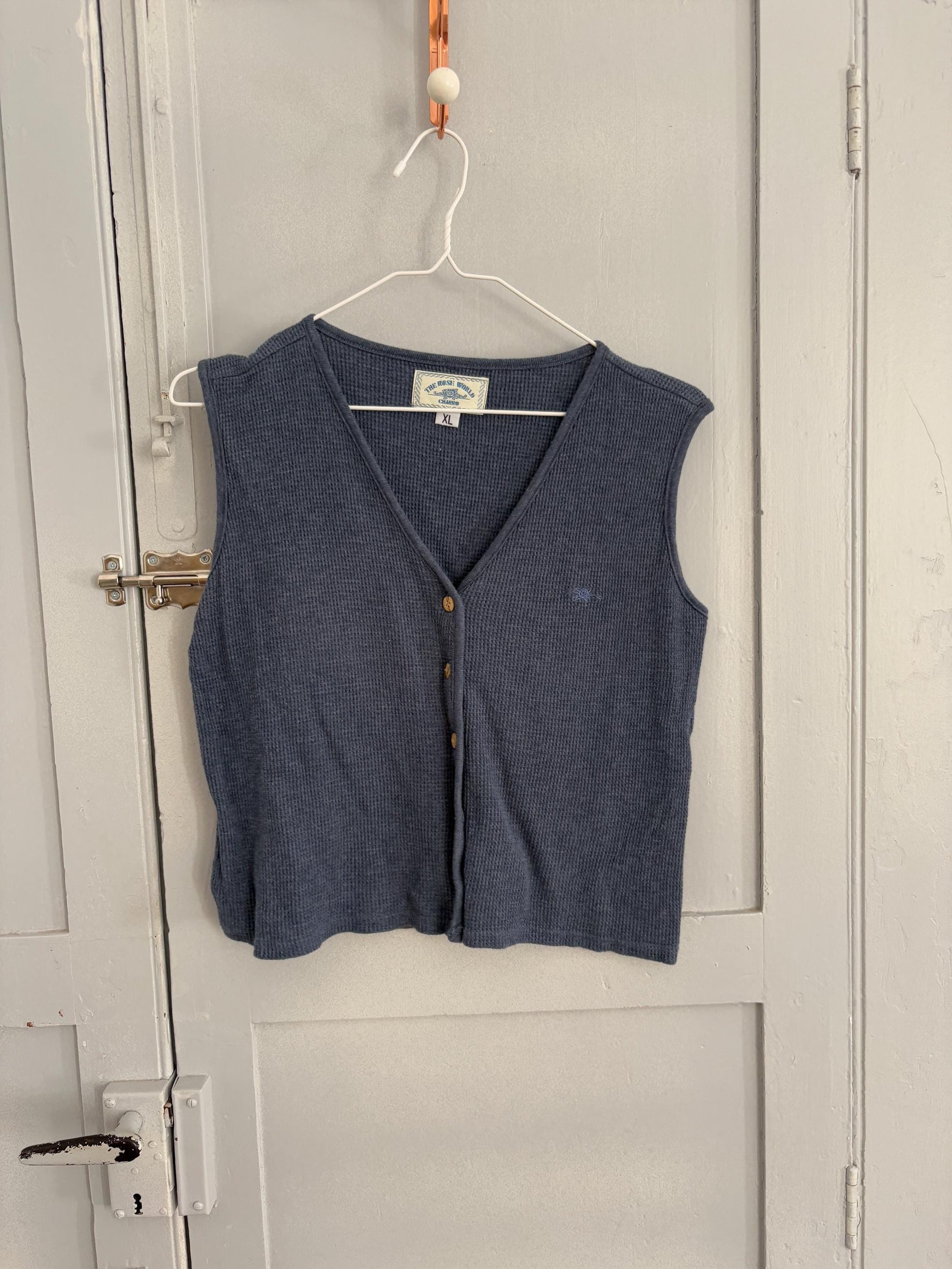 True vintage blue cotton camisole, Textured button down waistcoat, Vintage smart unisex gilet, Size S