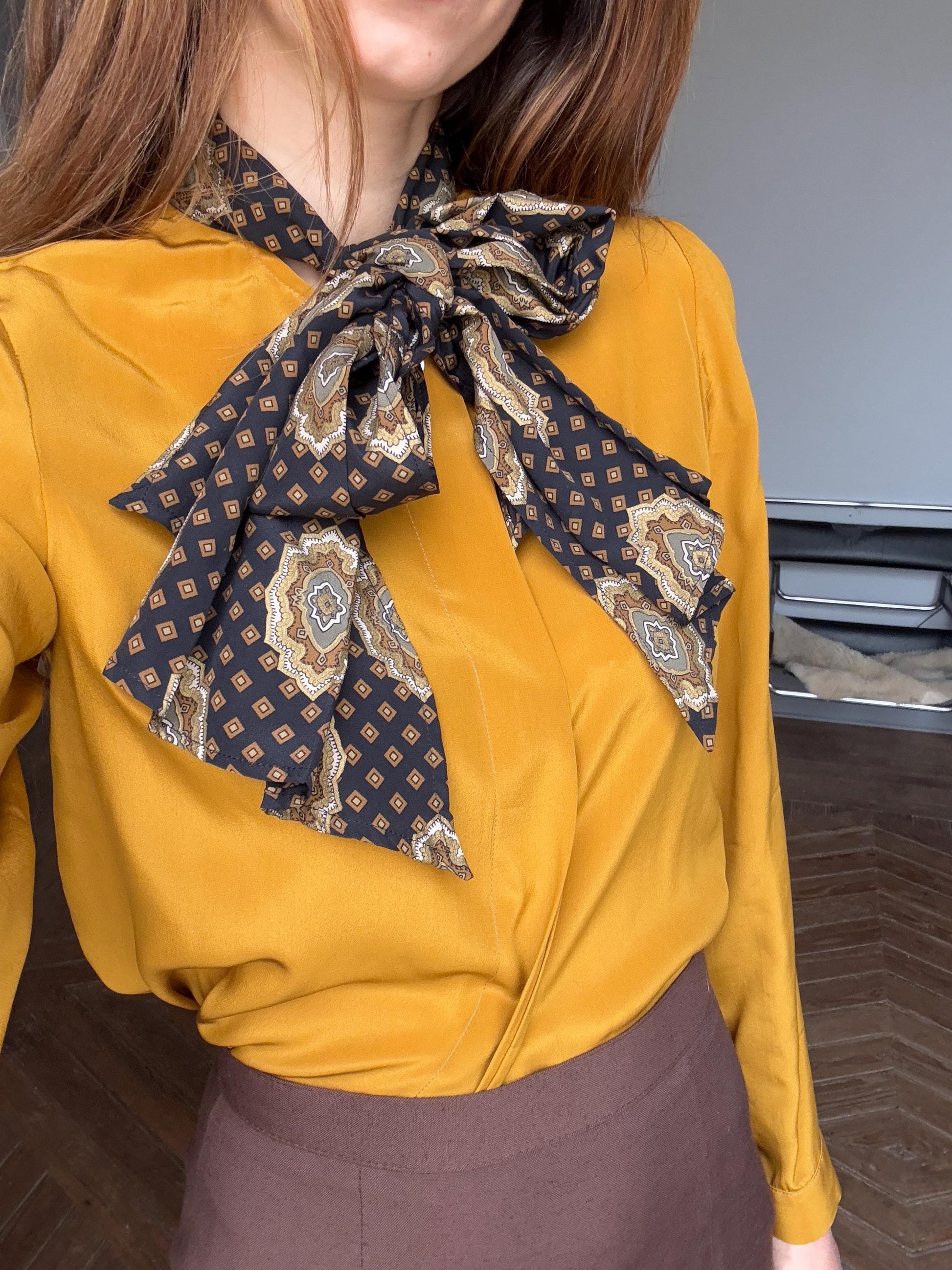 Vintage Mustard Silk Pussybow Blouse | 100% Silk Statement Tie Top | Fits EU36 / UK8 / US6