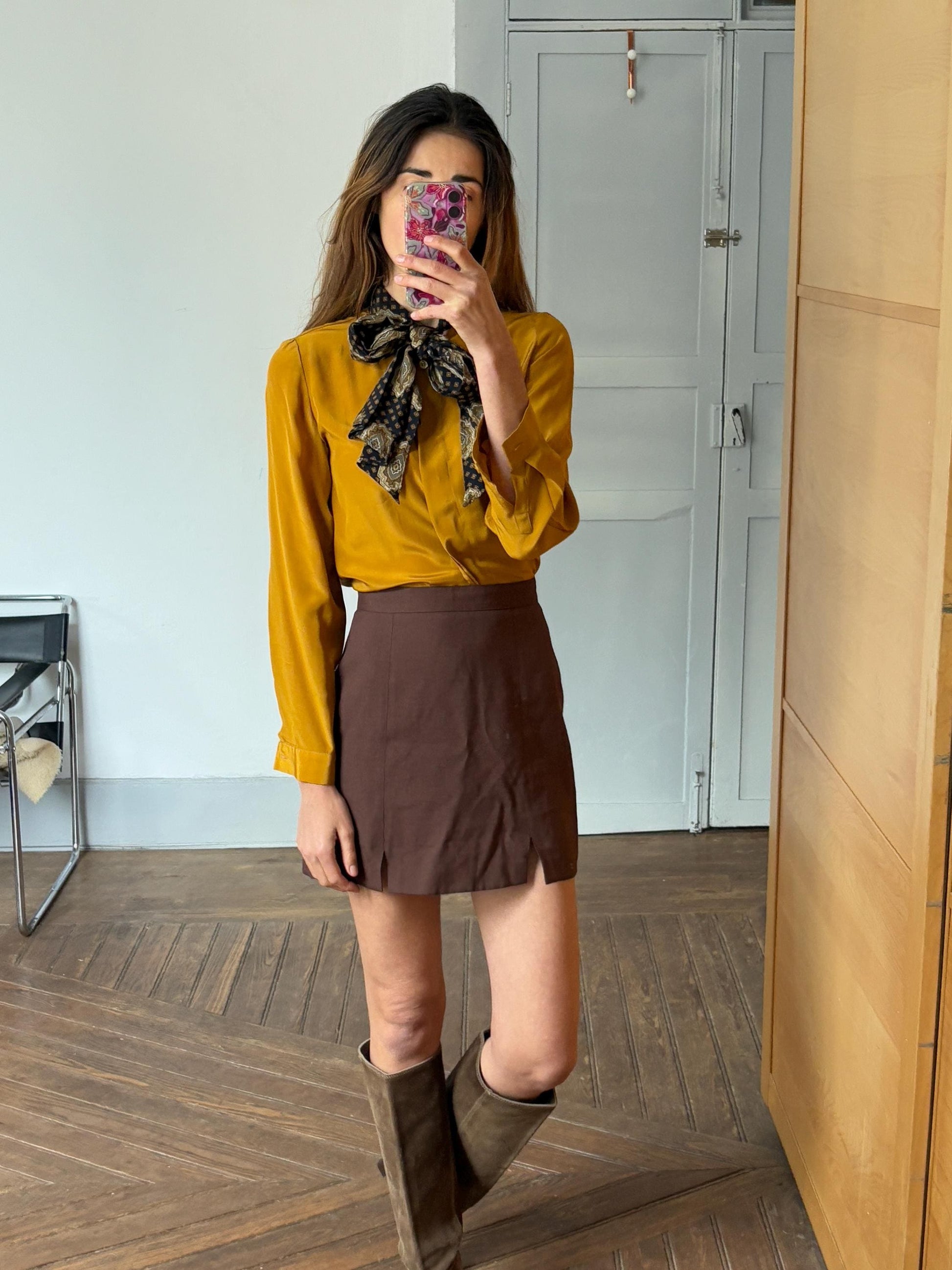 Vintage Mustard Silk Pussybow Blouse | 100% Silk Statement Tie Top | Fits EU36 / UK8 / US6