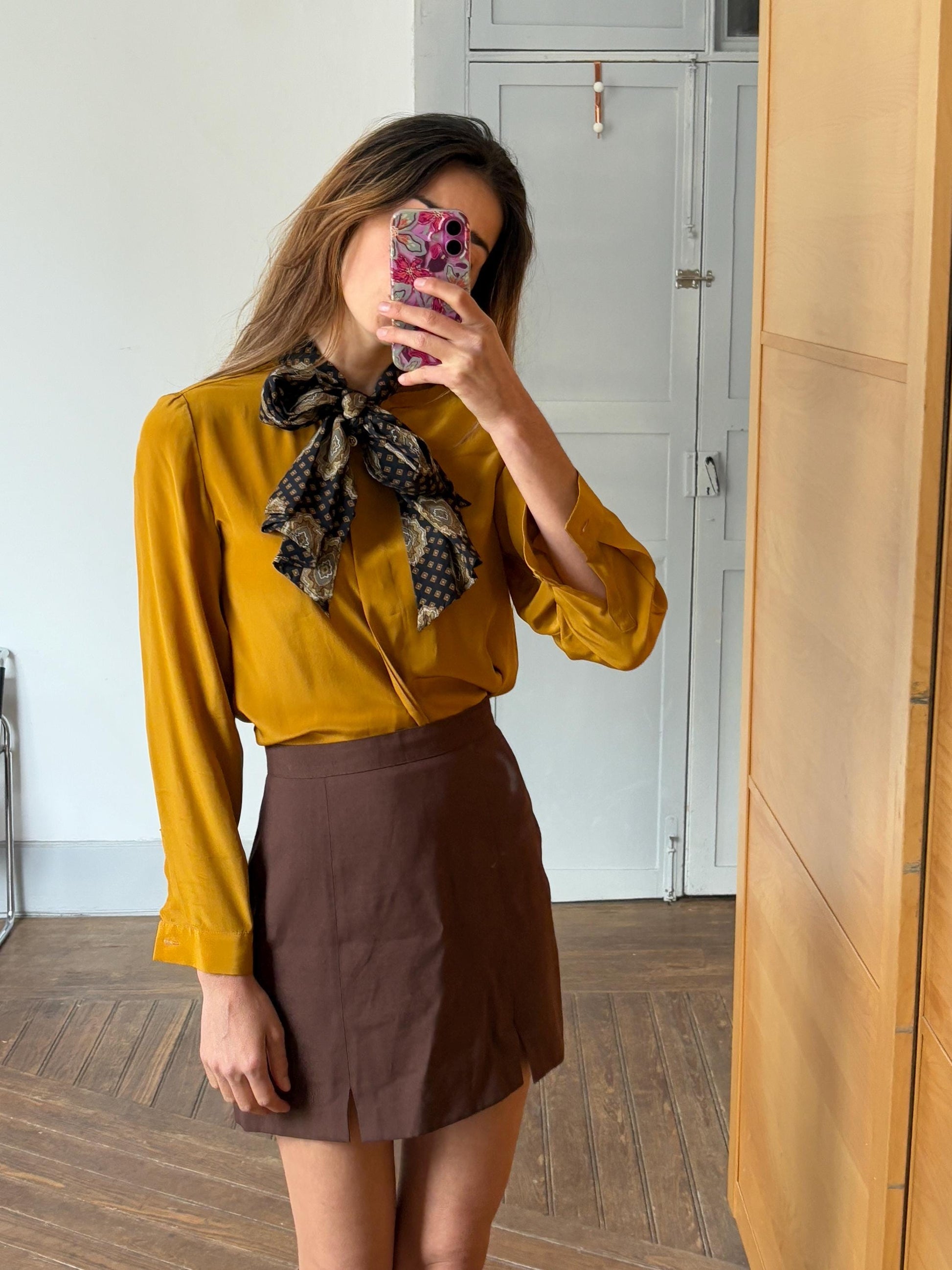 Vintage Mustard Silk Pussybow Blouse | 100% Silk Statement Tie Top | Fits EU36 / UK8 / US6