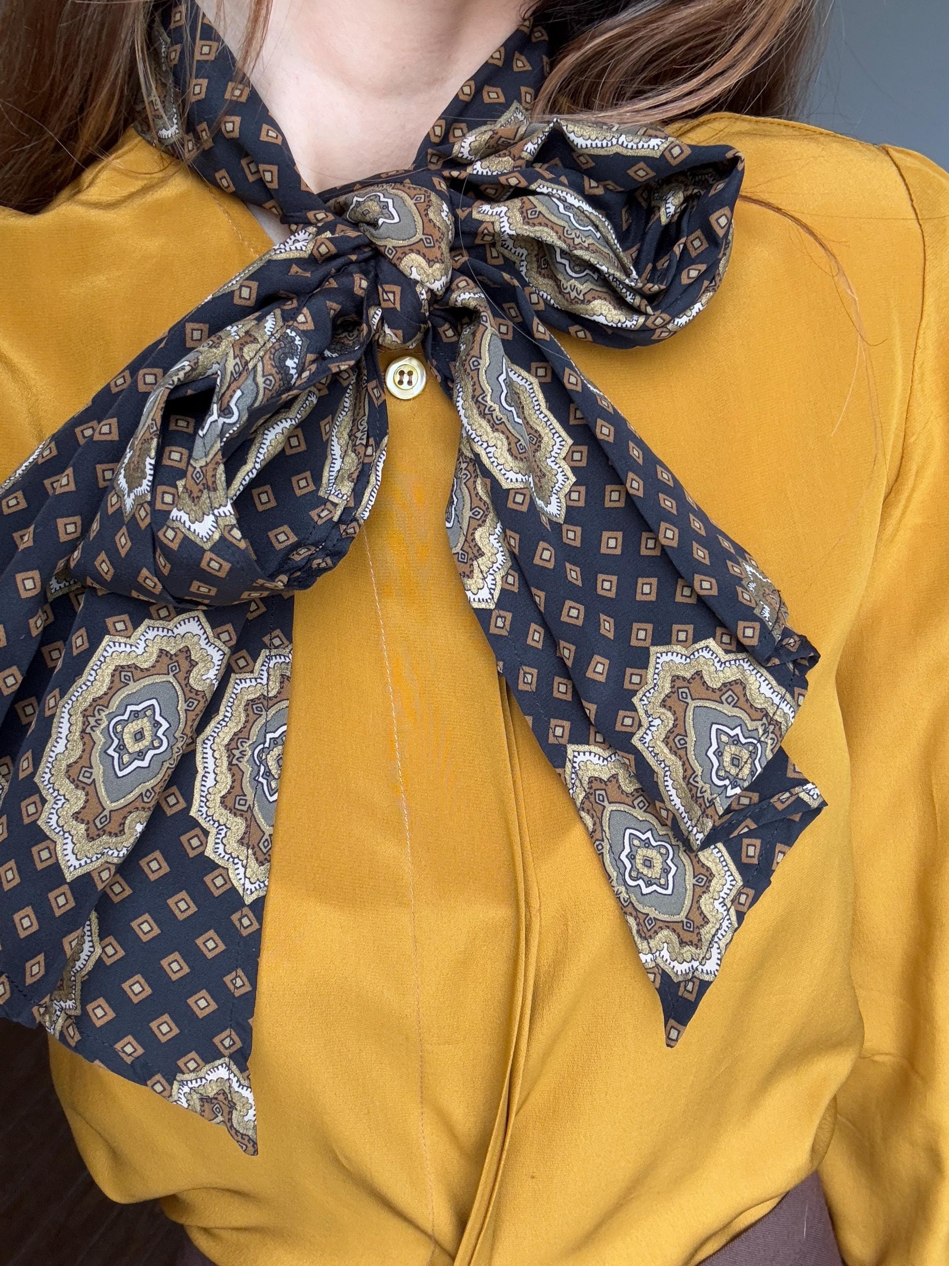 Vintage Mustard Silk Pussybow Blouse | 100% Silk Statement Tie Top | Fits EU36 / UK8 / US6