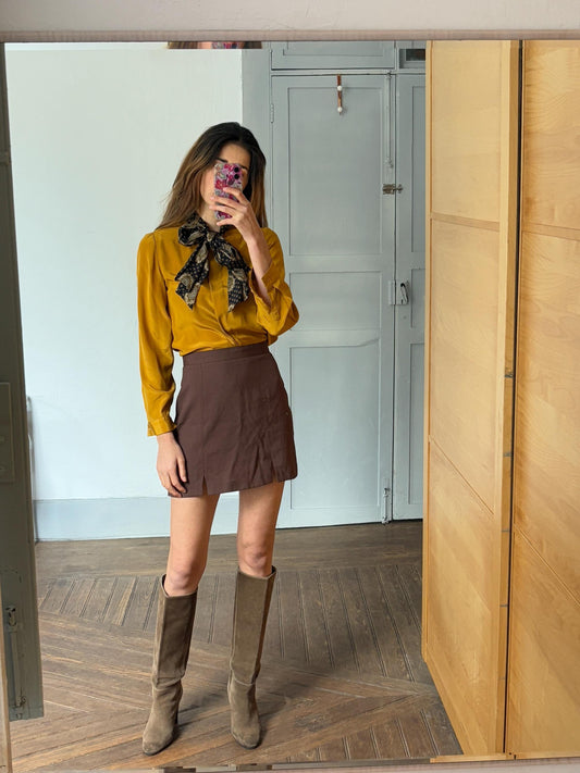 Vintage Mustard Silk Pussybow Blouse | 100% Silk Statement Tie Top | Fits EU36 / UK8 / US6