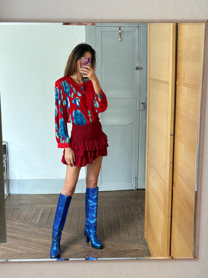 Vintage Red & Blue Floral Blouse — fabric close-up