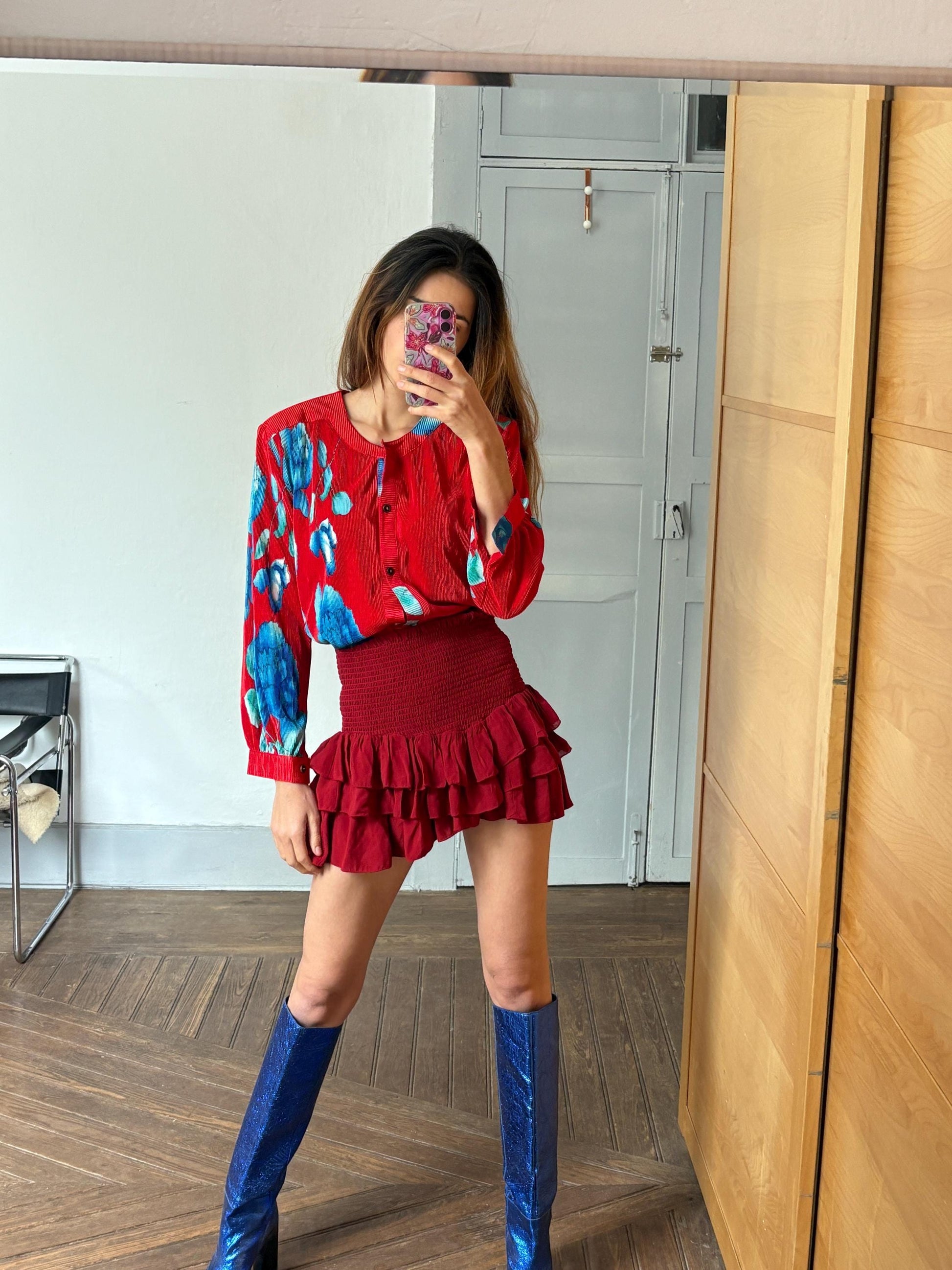 Vintage Bold Floral Blouse – Red & Blue Statement Shirt