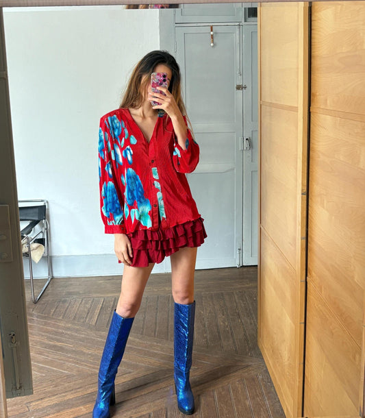 Vintage bright red and blue floral blouse, RETRO button up shirt, Tropical woman tee, Colourful camisole,Holiday Knot tie button up shirt,