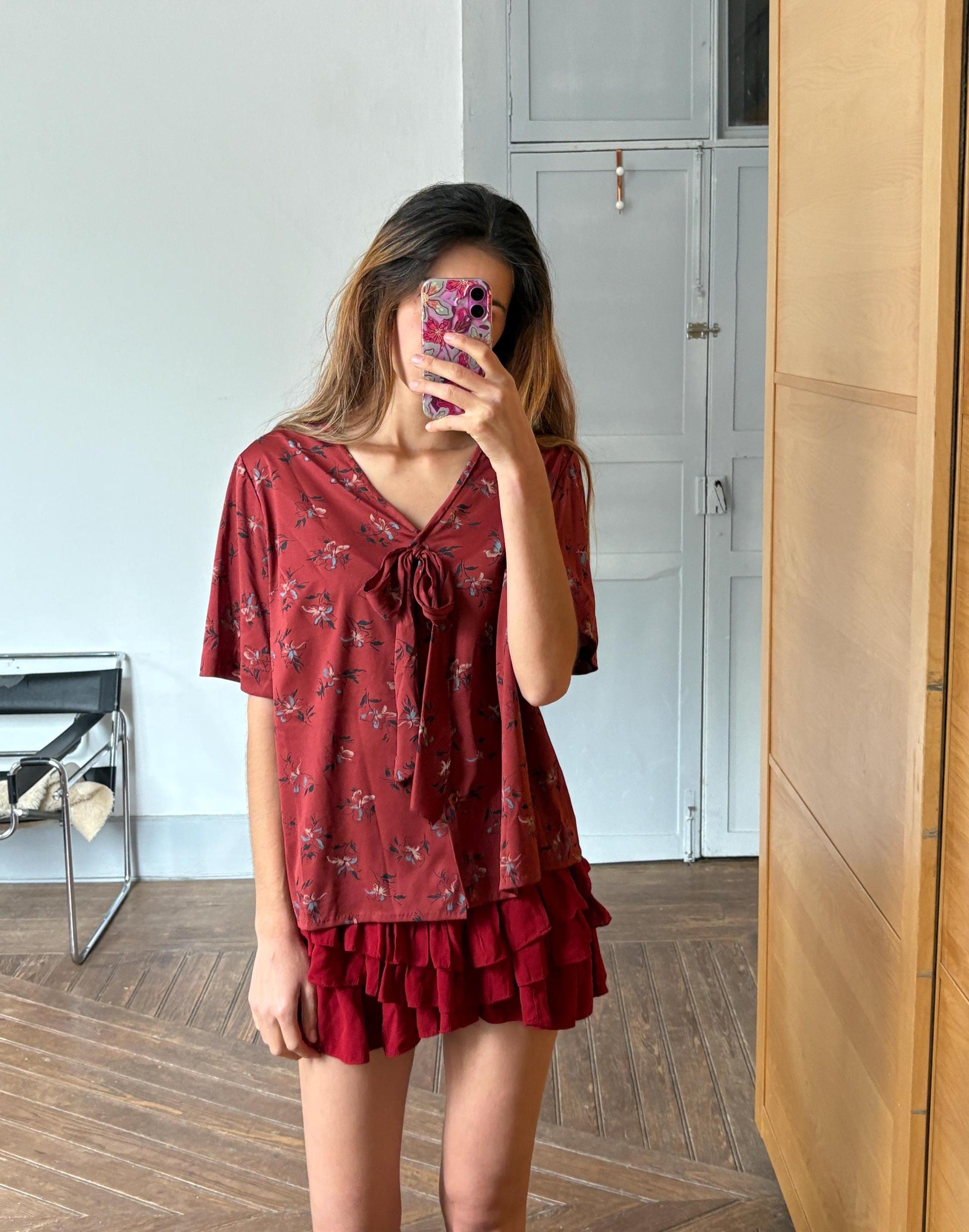 Vintage unique red frill blouse, HANDMADE Retro 60s woman top, groovy bow tie shirt, Dead stock original vintage, L