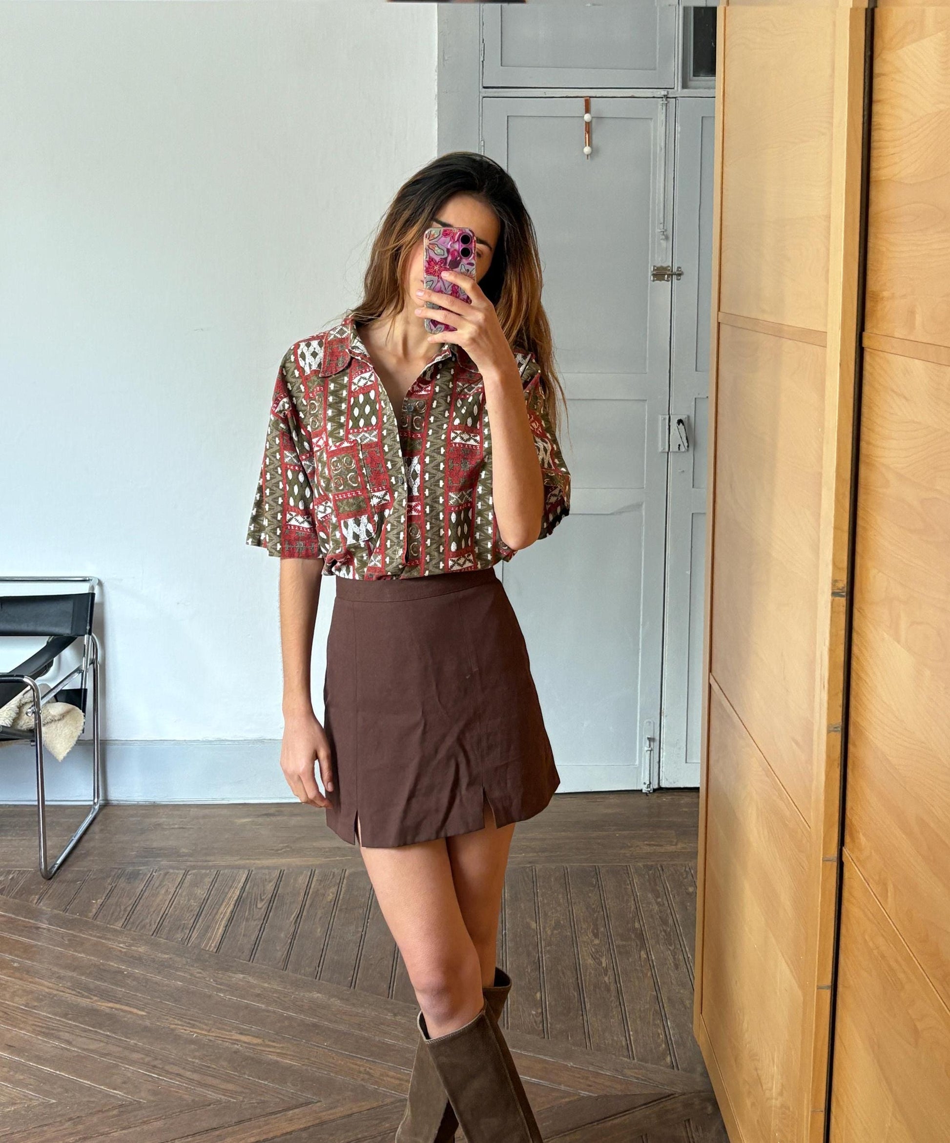 Vintage groovy button up shirt, Retro oversized 70s blouse, Red and white colourful patterned top, Cute long sleeve summer shirt