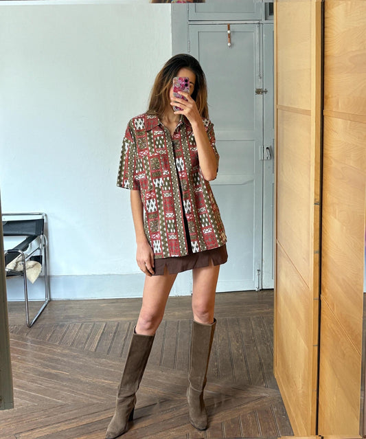 Vintage groovy button up shirt, Retro oversized 70s blouse, Red and white colourful patterned top, Cute long sleeve summer shirt