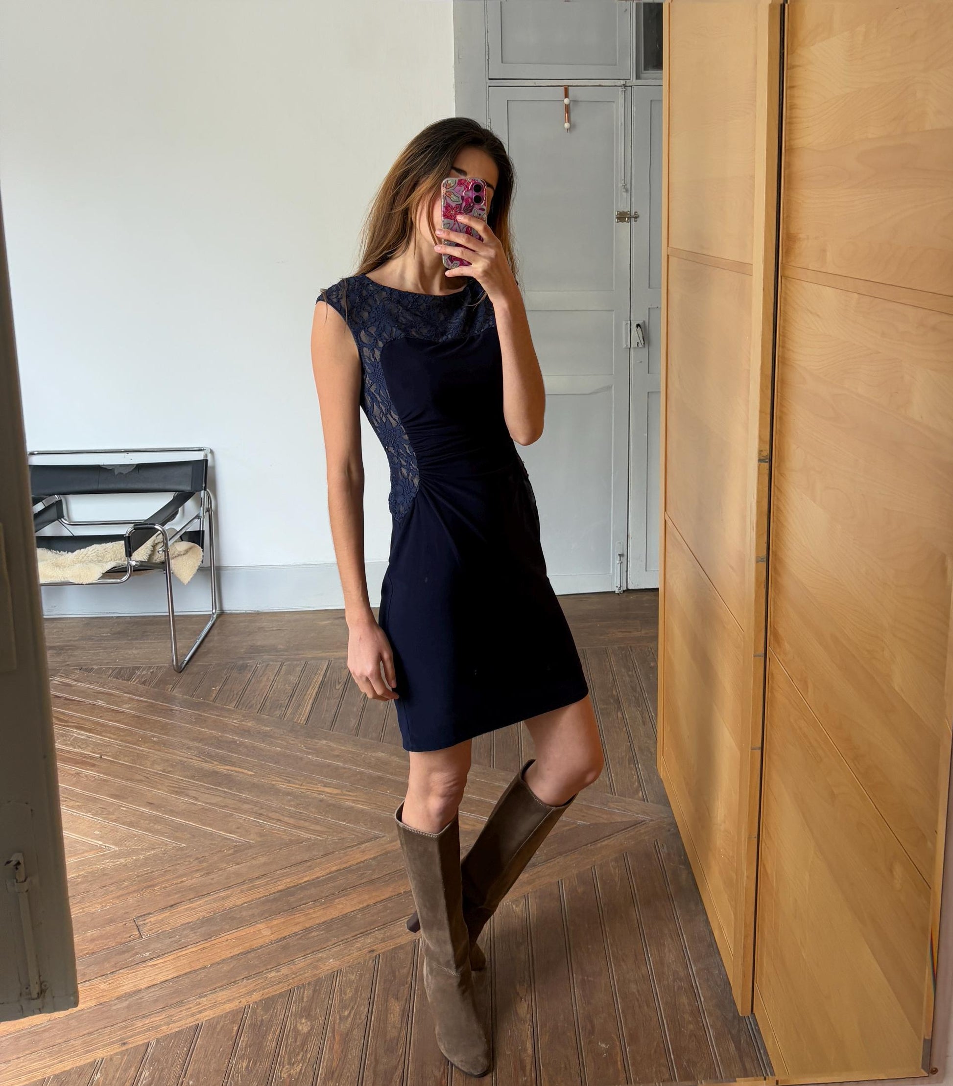 Vintage Lace Lauren Ralph Lauren blue midi dress, Elegant navy blue Designer hourglass dress, Formal event evening summer dress, S