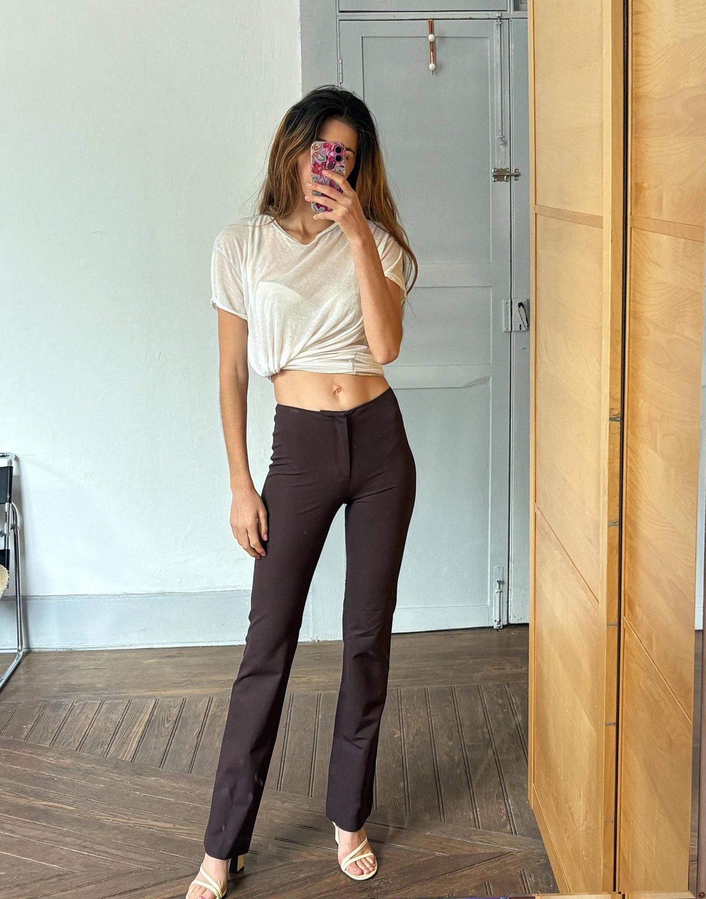 Vintage Joseph Dark chocolate brown flared pants, Mid waist bootcut skinny trousers, designer branded dead stock