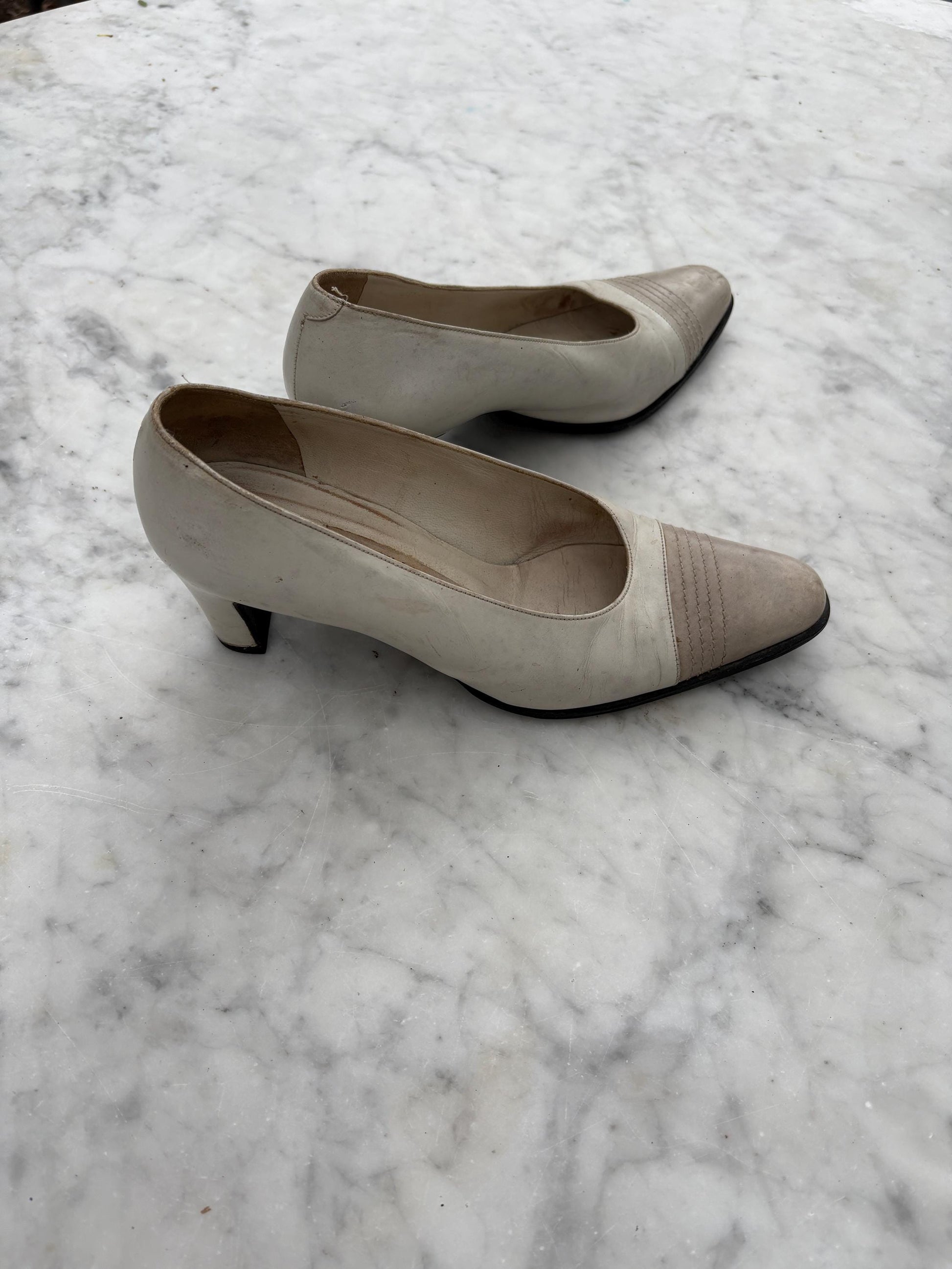 Vintage Balenciaga Heels | White Leather Two-Tone Pumps | Size 37 | Made in Spain