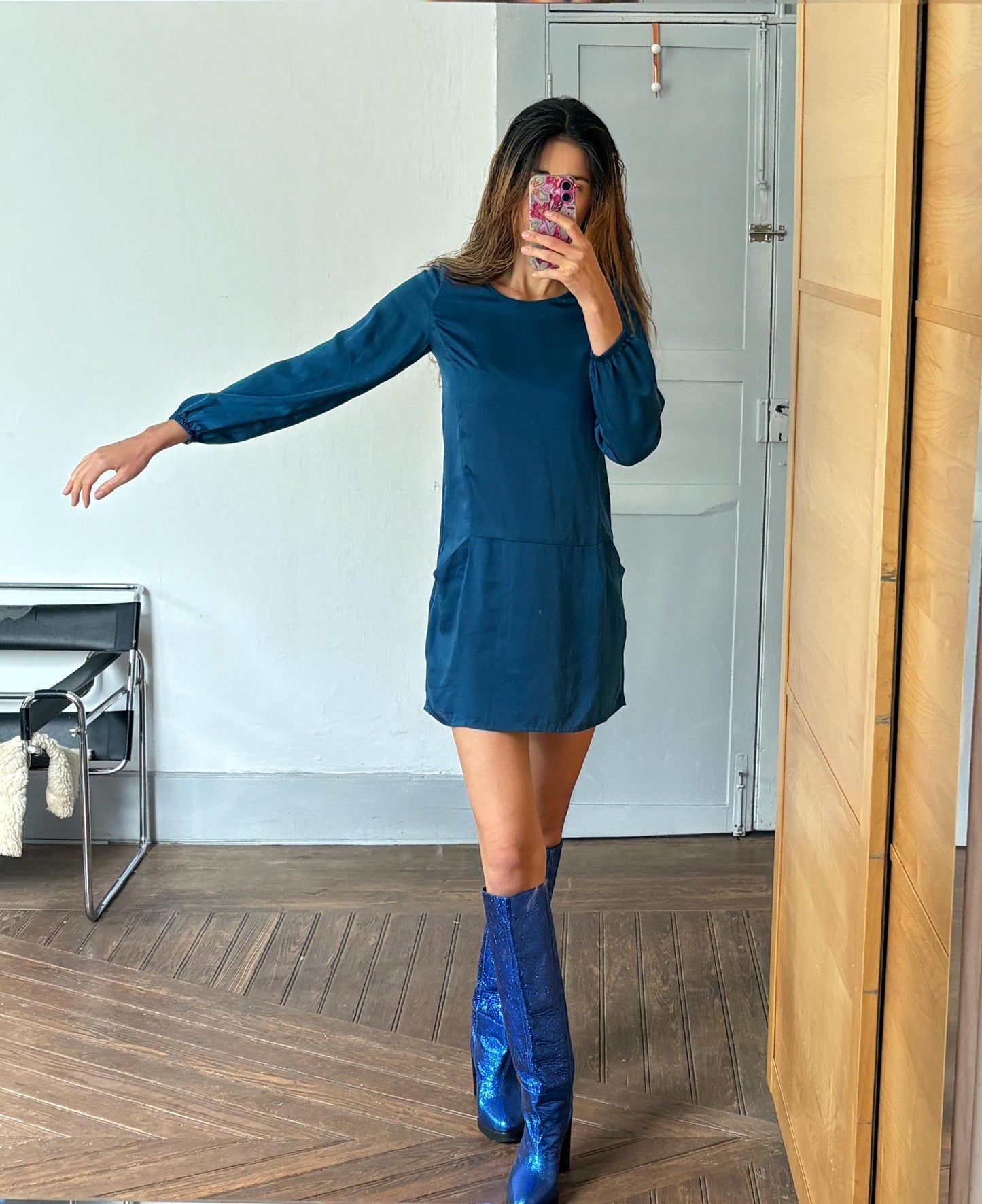 Vintage navy blue shirt dress, Luxe mini dress, size XL
