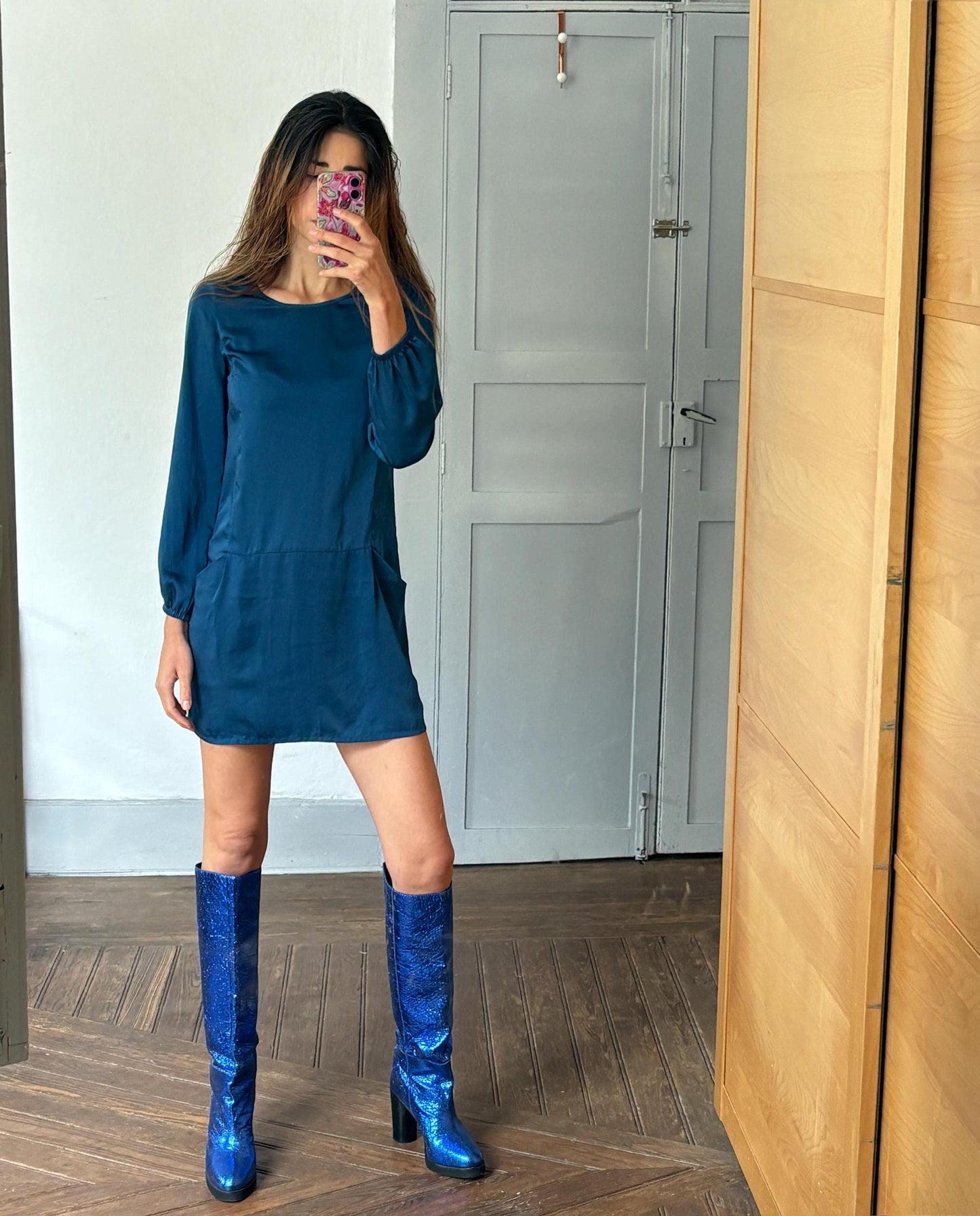 Vintage navy blue shirt dress, Luxe mini dress, size XL