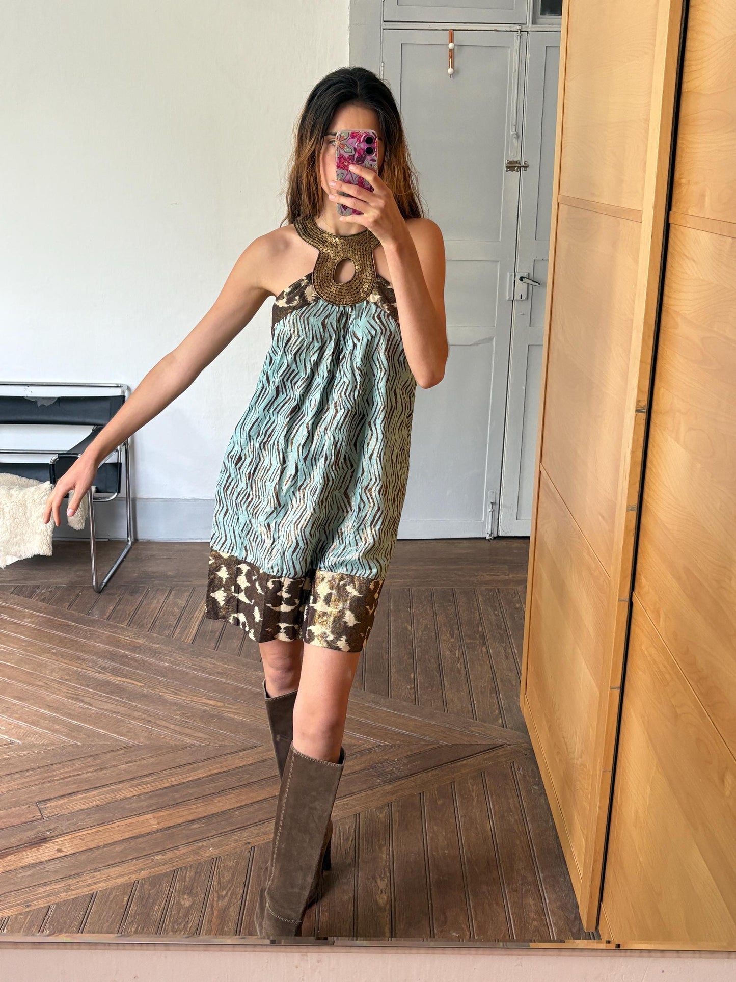 Colourful vintage summer dress, Playful pattern X Maison Derhy short vacation dress, French designer woman clothing, M