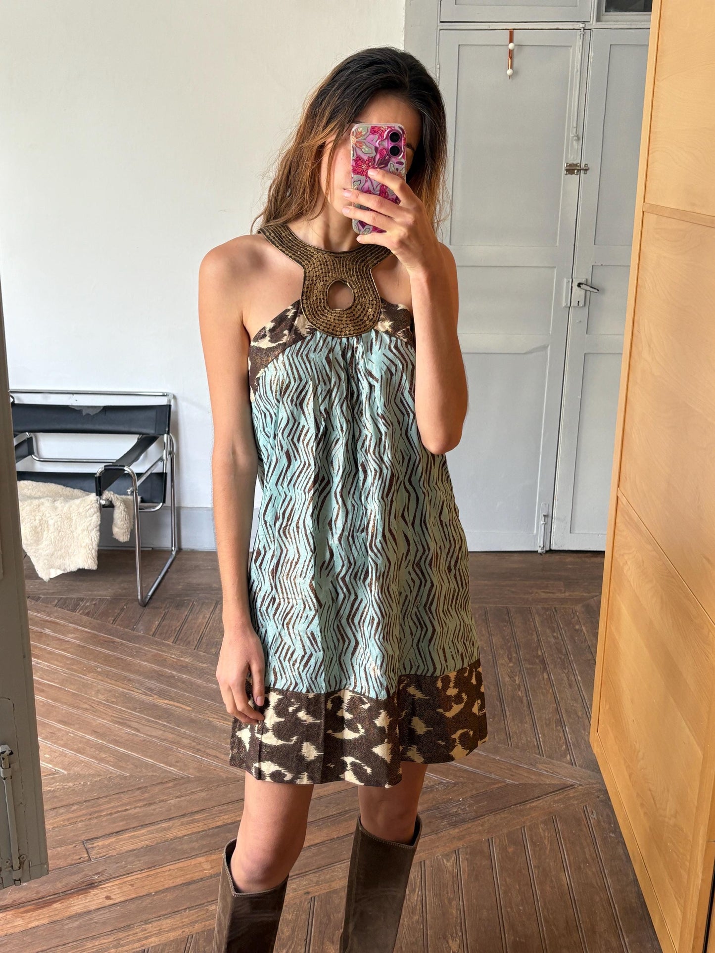 Colourful vintage summer dress, Playful pattern X Maison Derhy short vacation dress, French designer woman clothing, M