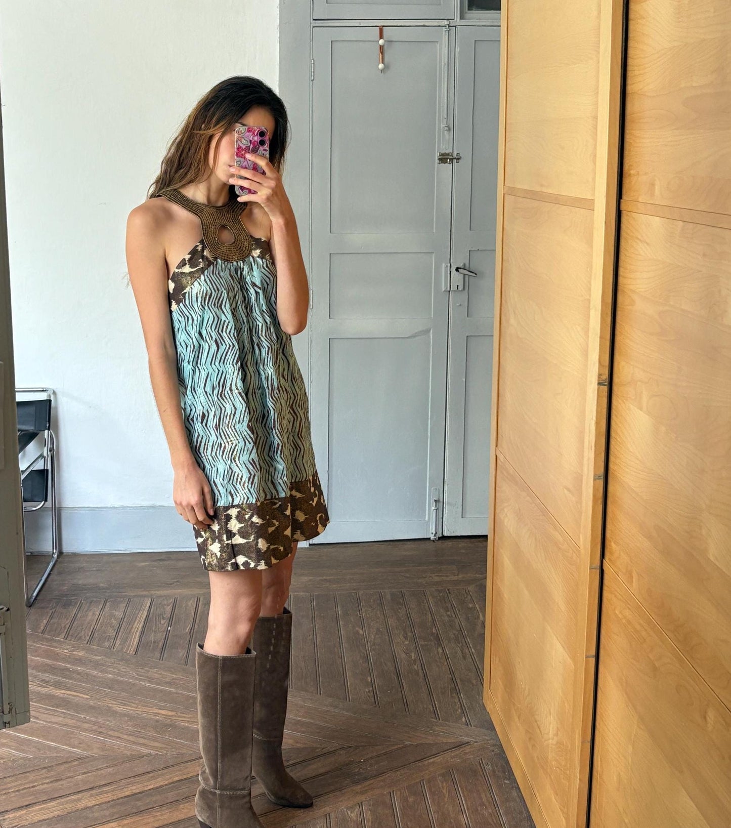 Colourful vintage summer dress, Playful pattern X Maison Derhy short vacation dress, French designer woman clothing, M