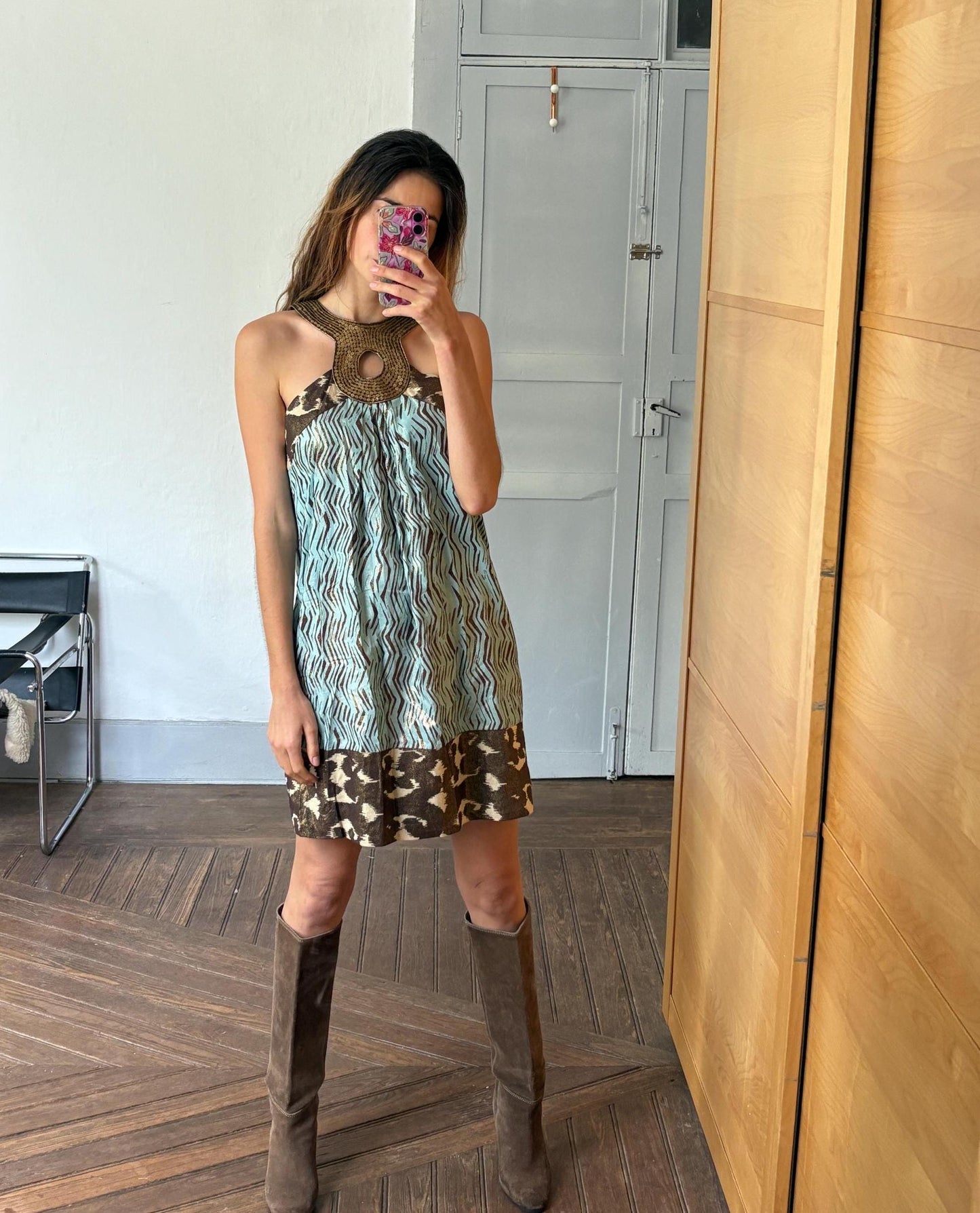 Colourful vintage summer dress, Playful pattern X Maison Derhy short vacation dress, French designer woman clothing, M