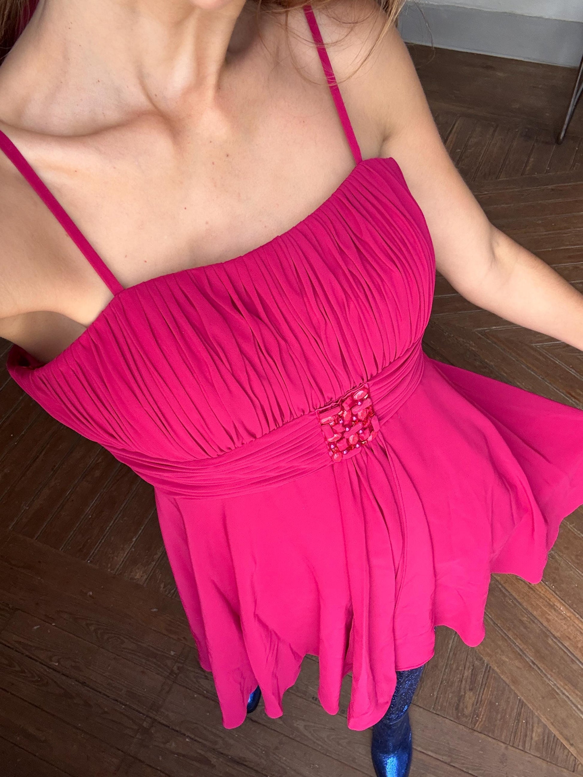 Magenta Pink Formal Mini Dress — fabric close-up