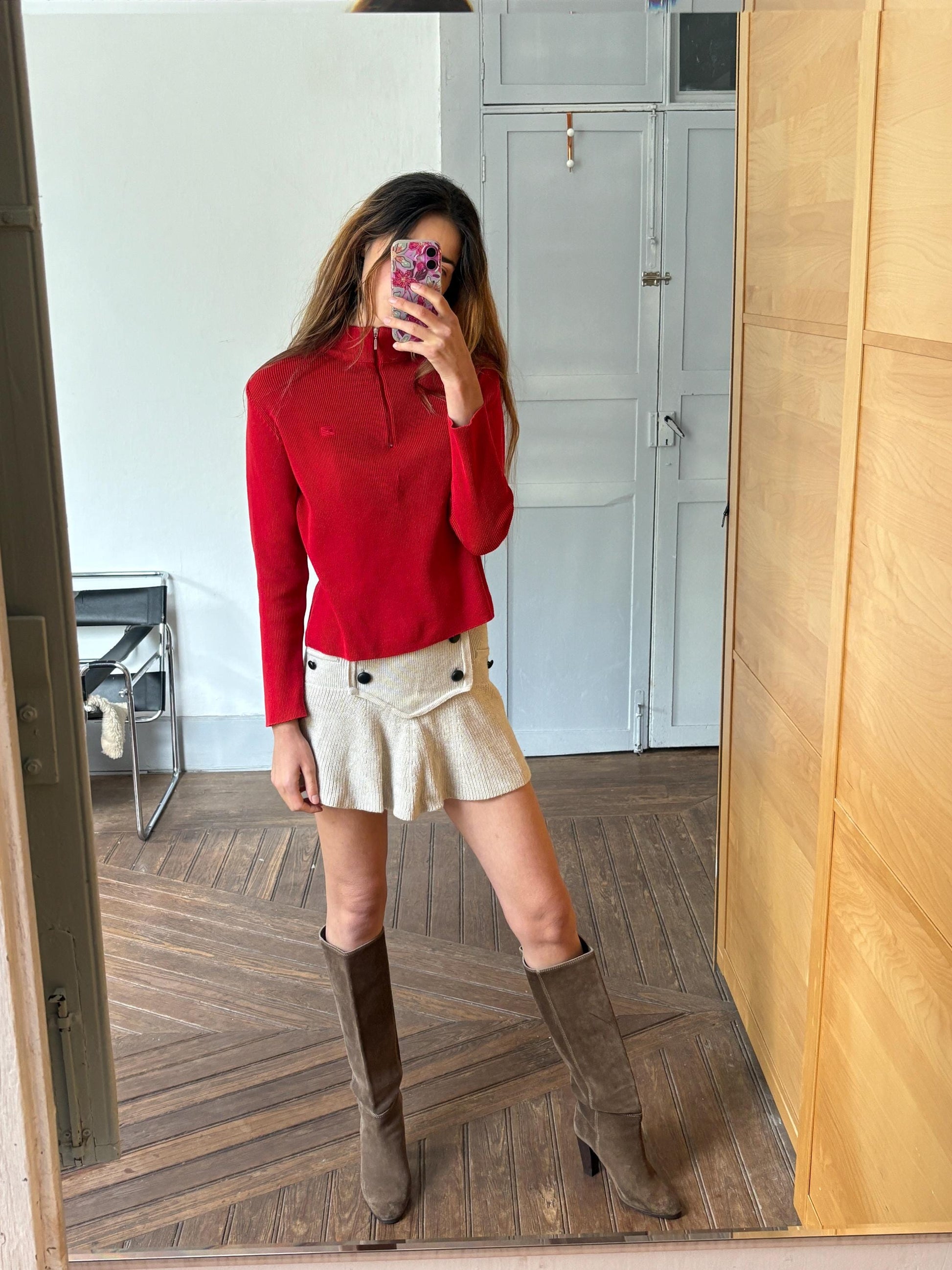 Vintage Bright red jumper by Cote Nord, Vibrant Maritime pullover, Long sleeve turtle neck shirt, Cotton cardigan, Size S