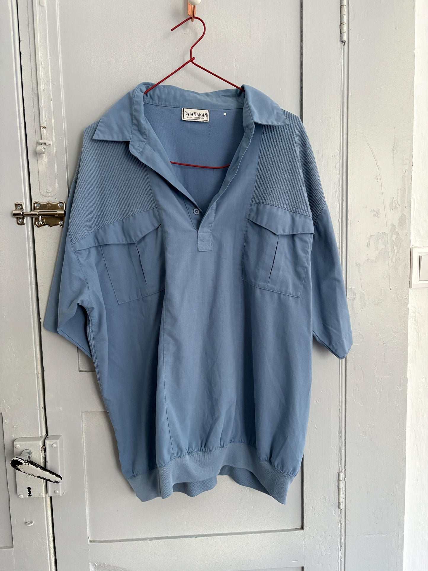 Vintage Catamaran light blue button down, Summer short sleeve shirt, Men's Polo shirt, UNISEX boxy fit classic formal shirt