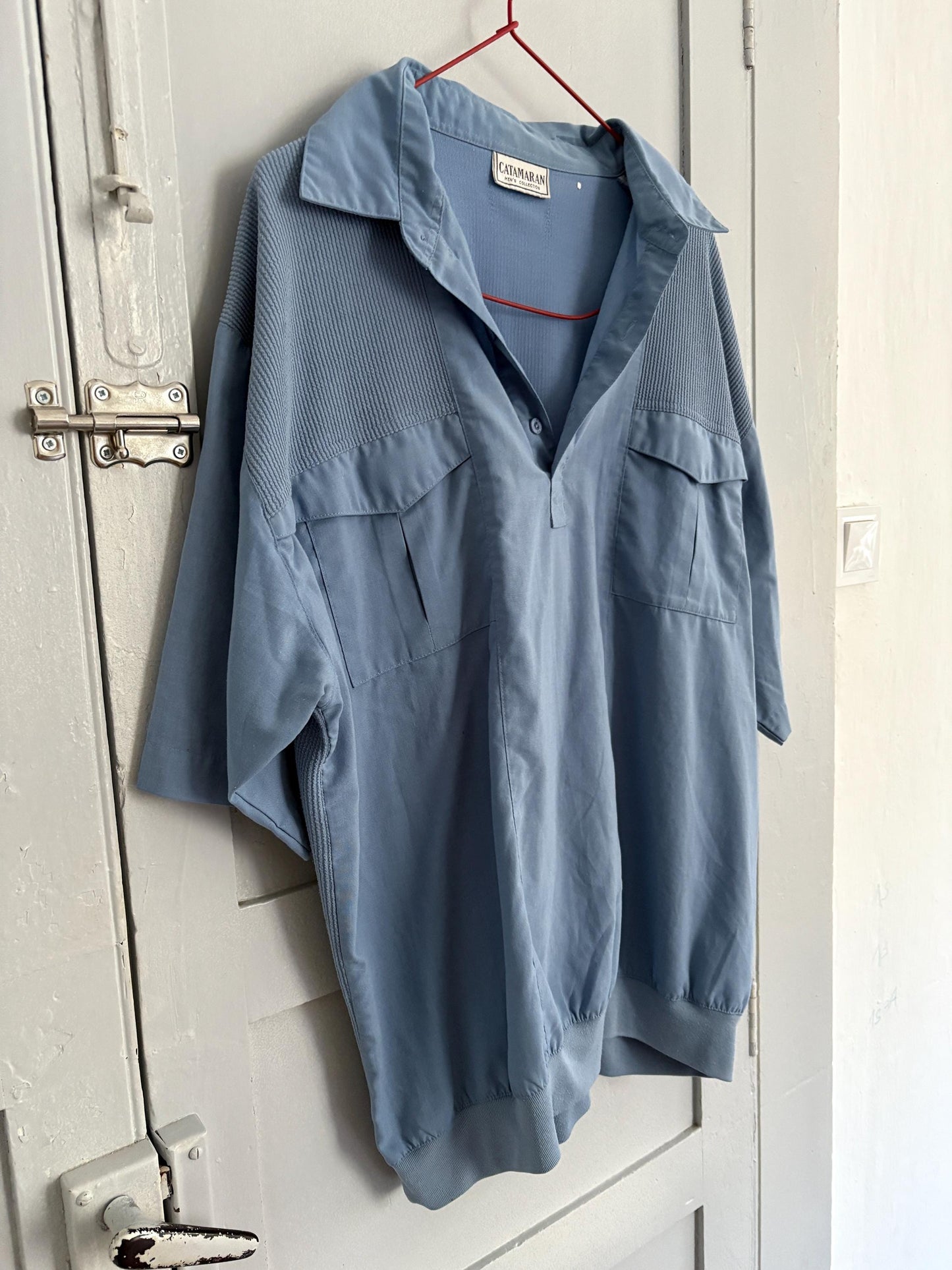 Vintage Catamaran light blue button down, Summer short sleeve shirt, Men's Polo shirt, UNISEX boxy fit classic formal shirt