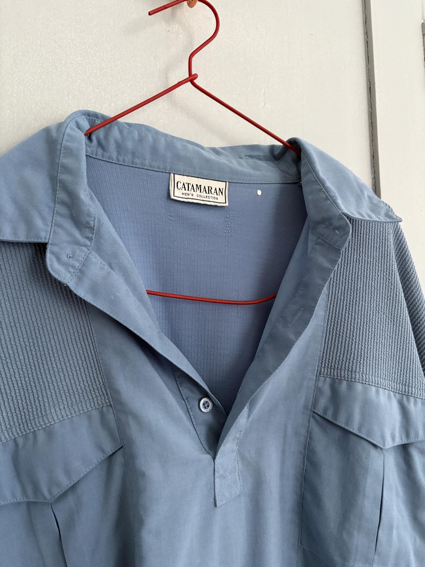 Vintage Catamaran light blue button down, Summer short sleeve shirt, Men's Polo shirt, UNISEX boxy fit classic formal shirt