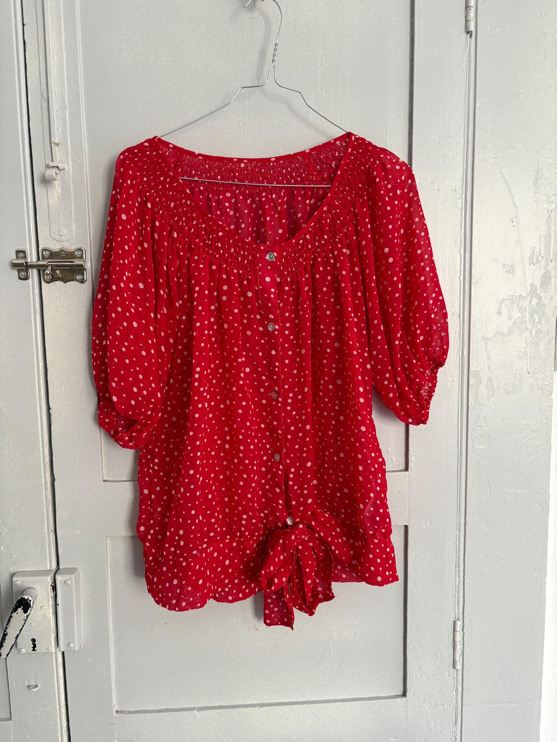 Vintage unique red frill blouse, Retro 60s woman top, groovy bow tie shirt, Deadstock original vintage, Size M